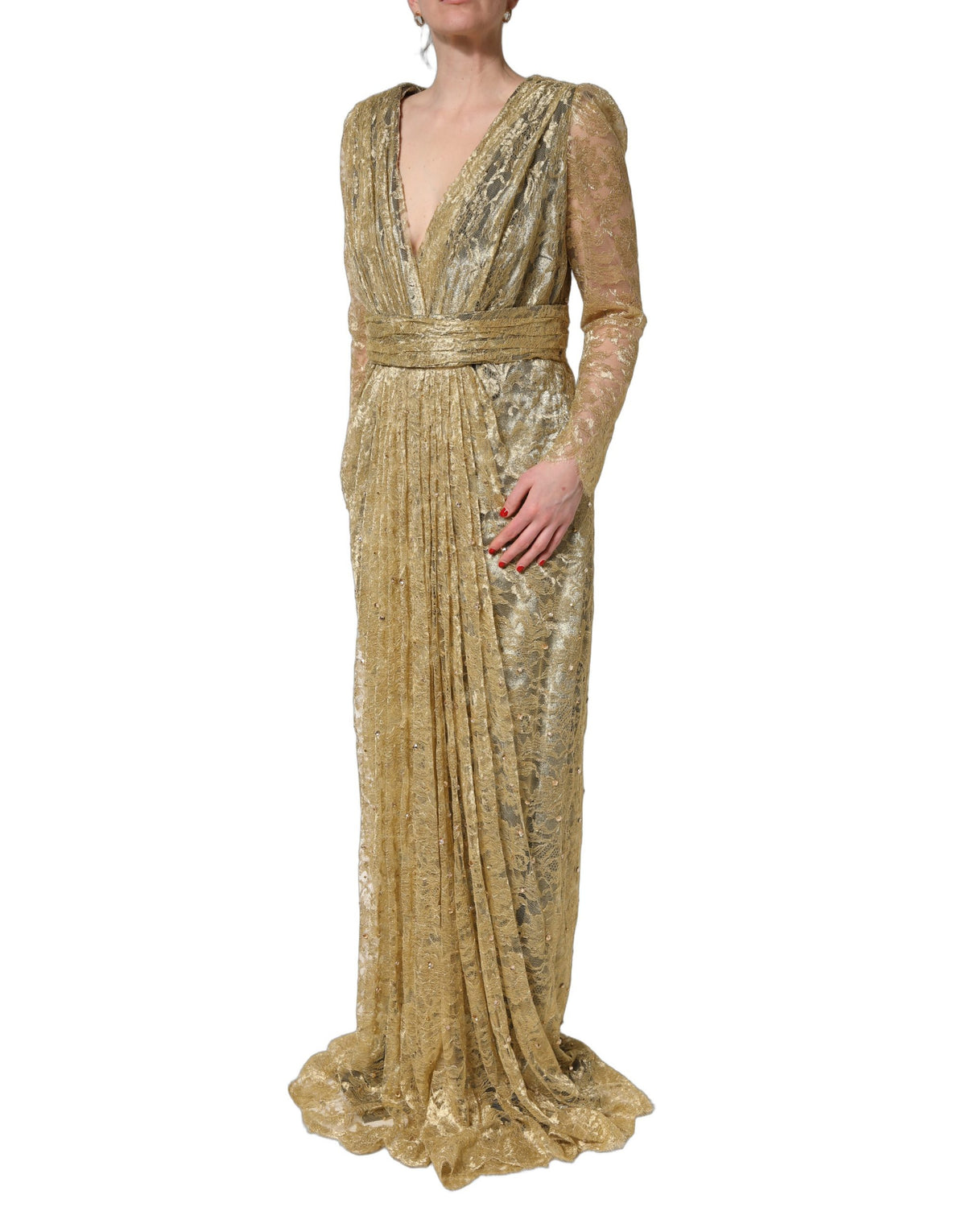 Dolce & Gabbana Gold Sheer Lace Crystal Embellished Women's Dress