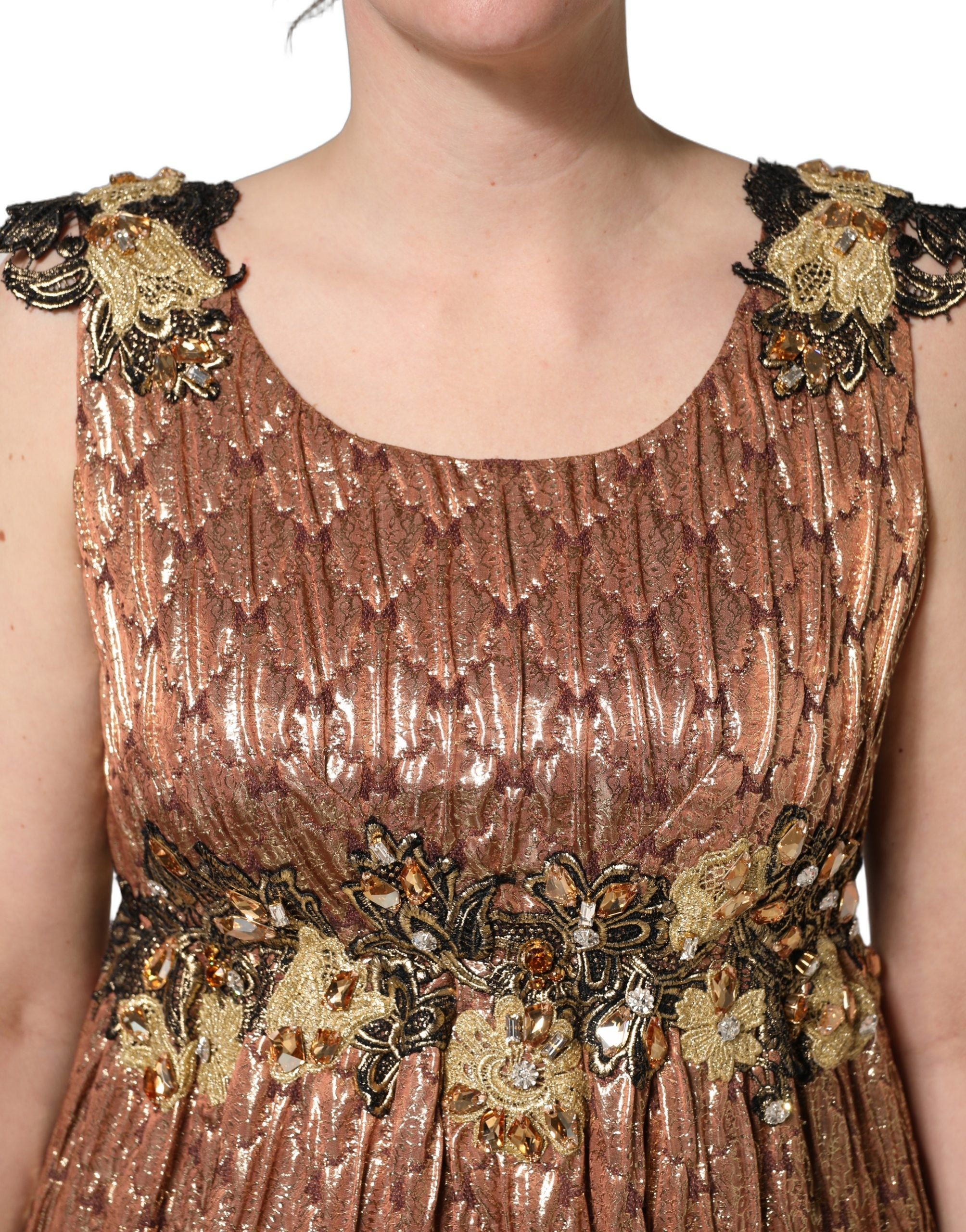 Dolce & Gabbana Brown Metallic Crystal Evening Gown Women's Dress