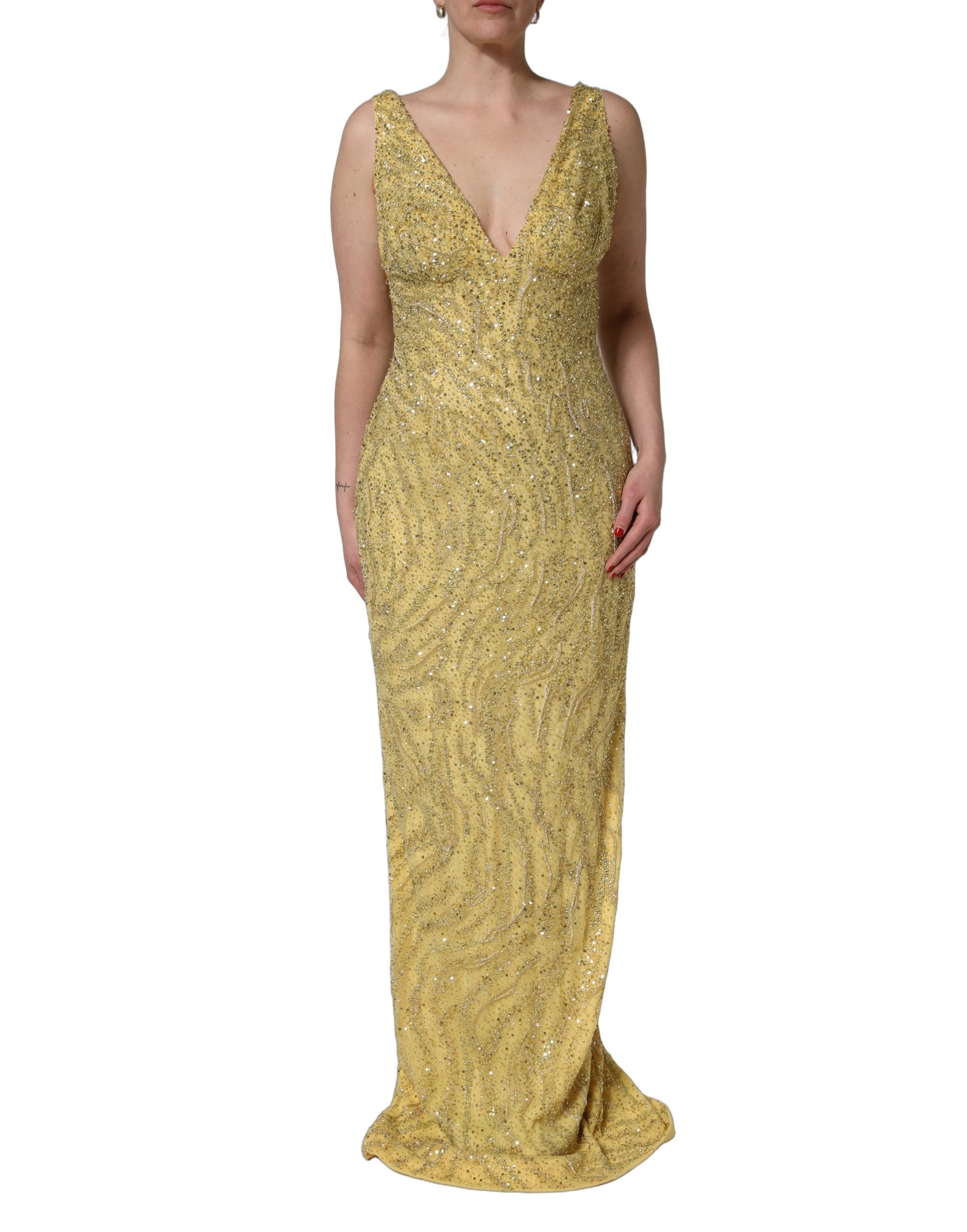 Dolce & Gabbana Gold V-neckline Mermaid Sequinned Gown Women's Dress