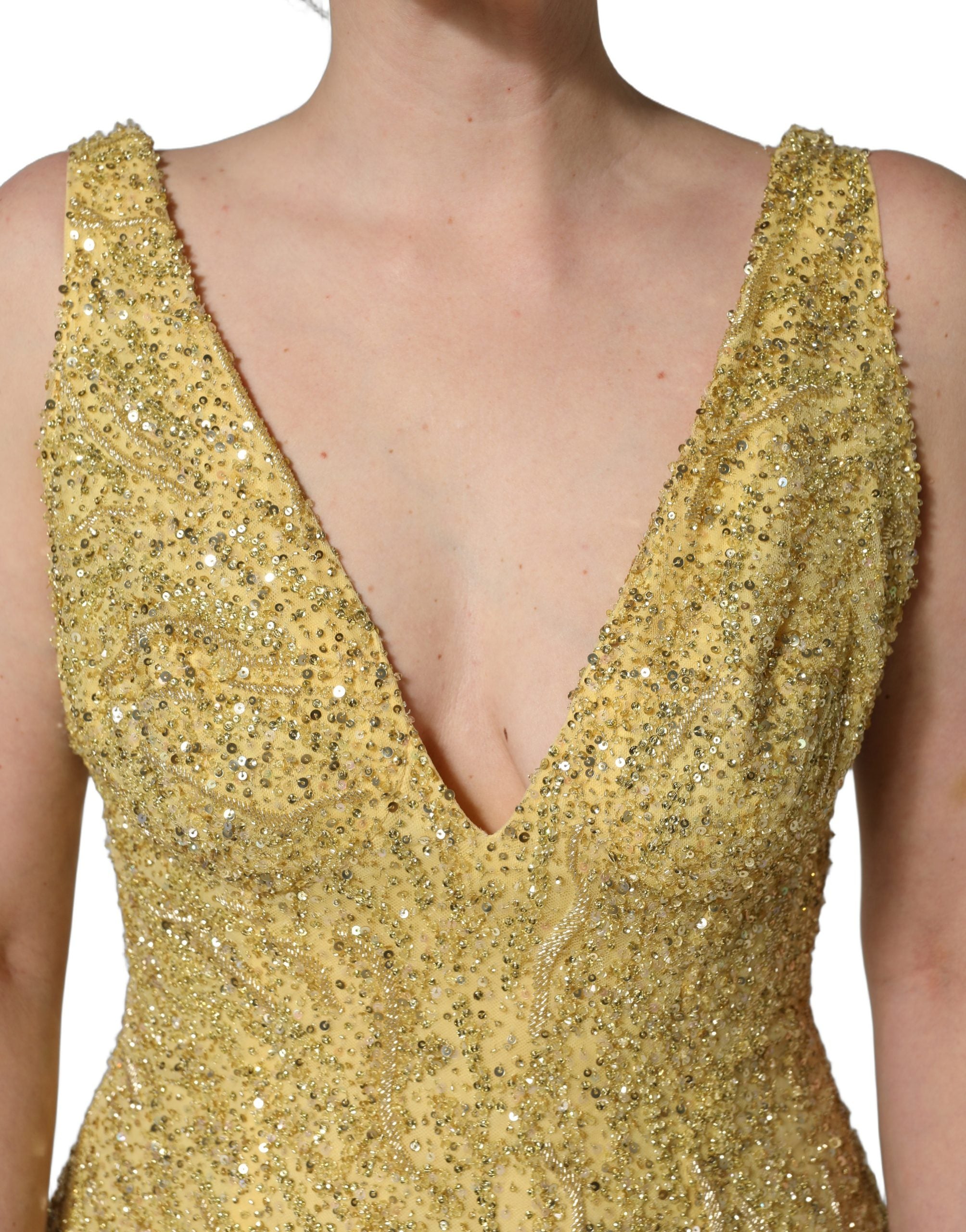 Dolce & Gabbana Gold V-neckline Mermaid Sequinned Gown Women's Dress