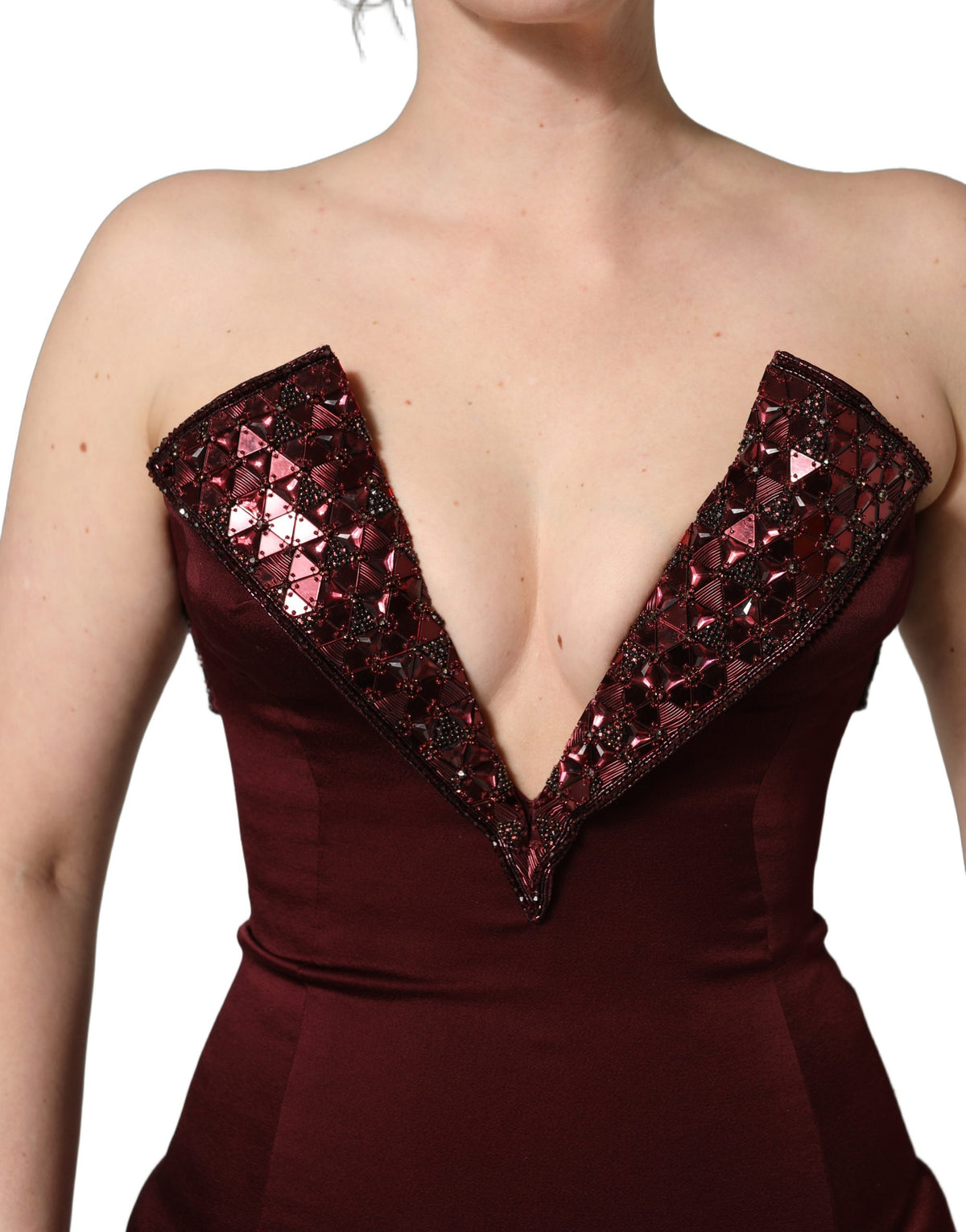 Dolce & Gabbana Maroon Embellished Vneck Evening Gown Women's Dress