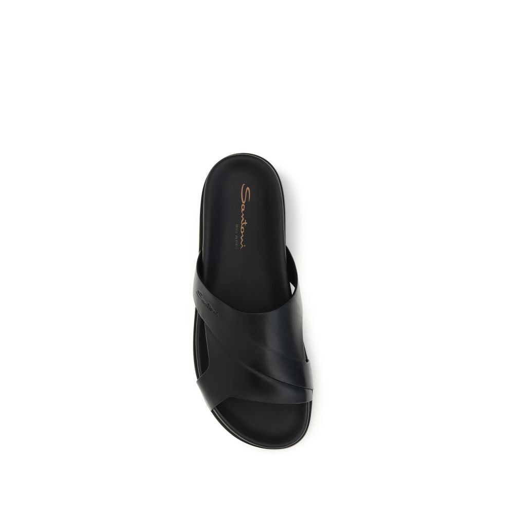 Santoni Black Calf Leather Bos Taurus Flat Men's Sandals