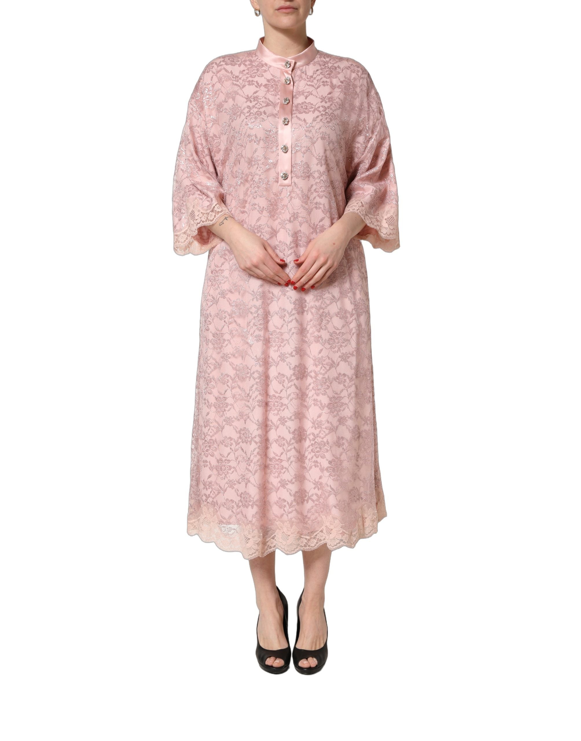 Dolce & Gabbana Pink Corded Floral Lace Kaftan Midi Women's Dress (Pre-Owned)