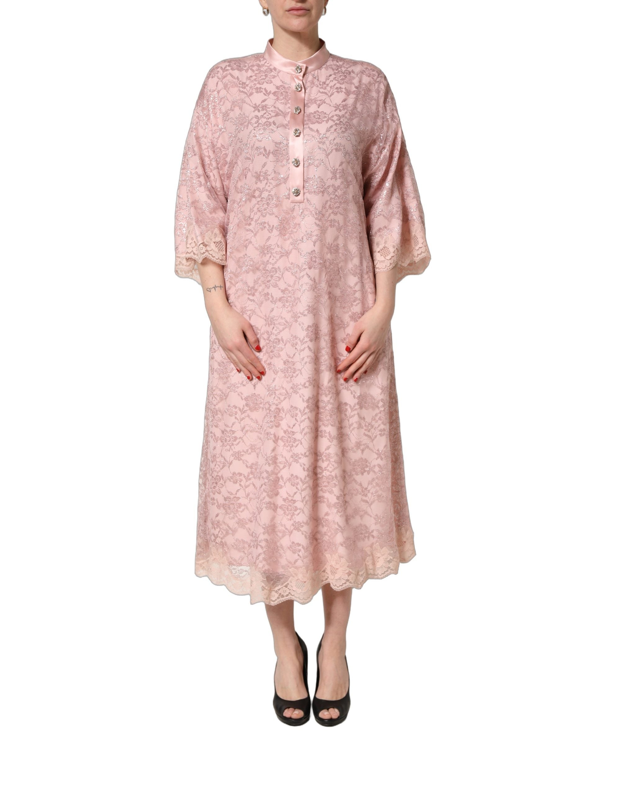 Dolce & Gabbana Pink Corded Floral Lace Kaftan Midi Women's Dress (Pre-Owned)