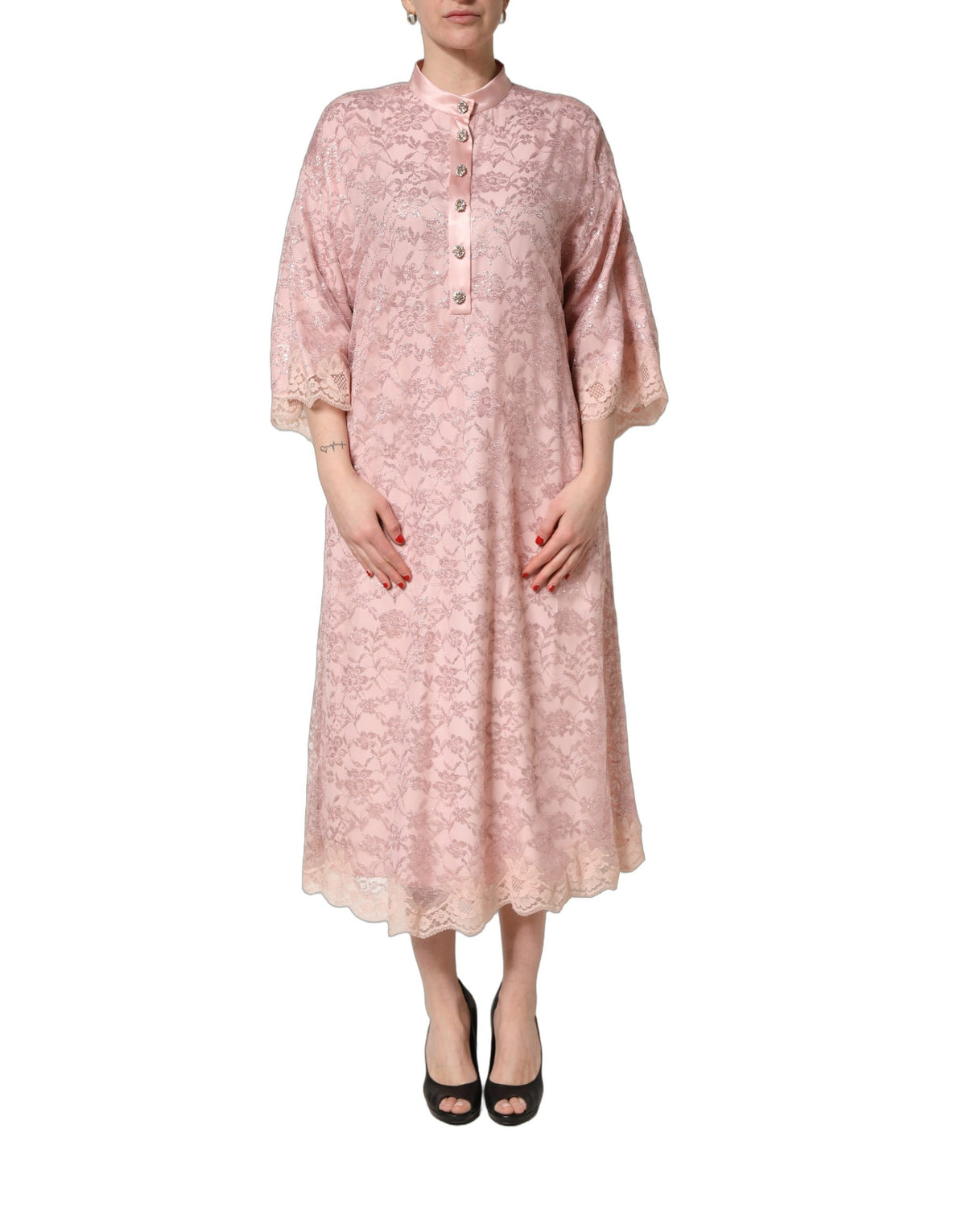 Dolce & Gabbana Pink Corded Floral Lace Kaftan Midi Women's Dress (Pre-Owned)
