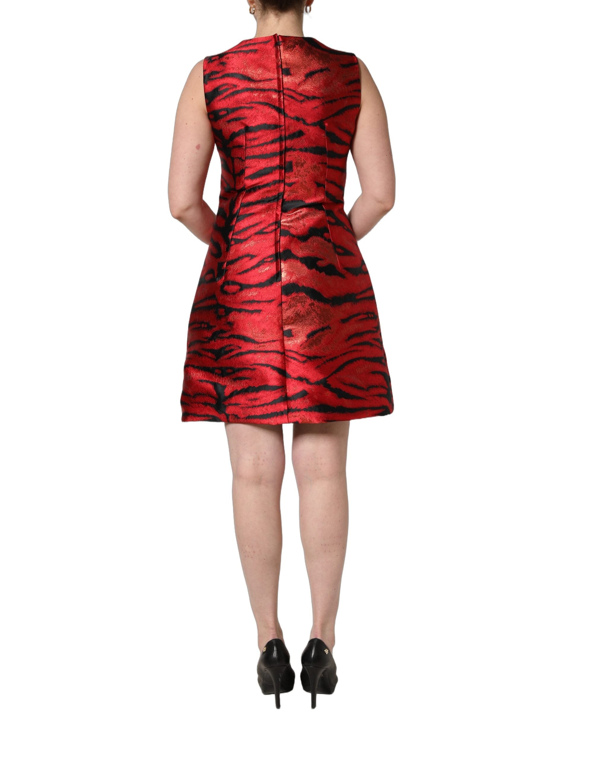 Dolce & Gabbana Red Black Tiger Print Jacquard Flared Women's Dress