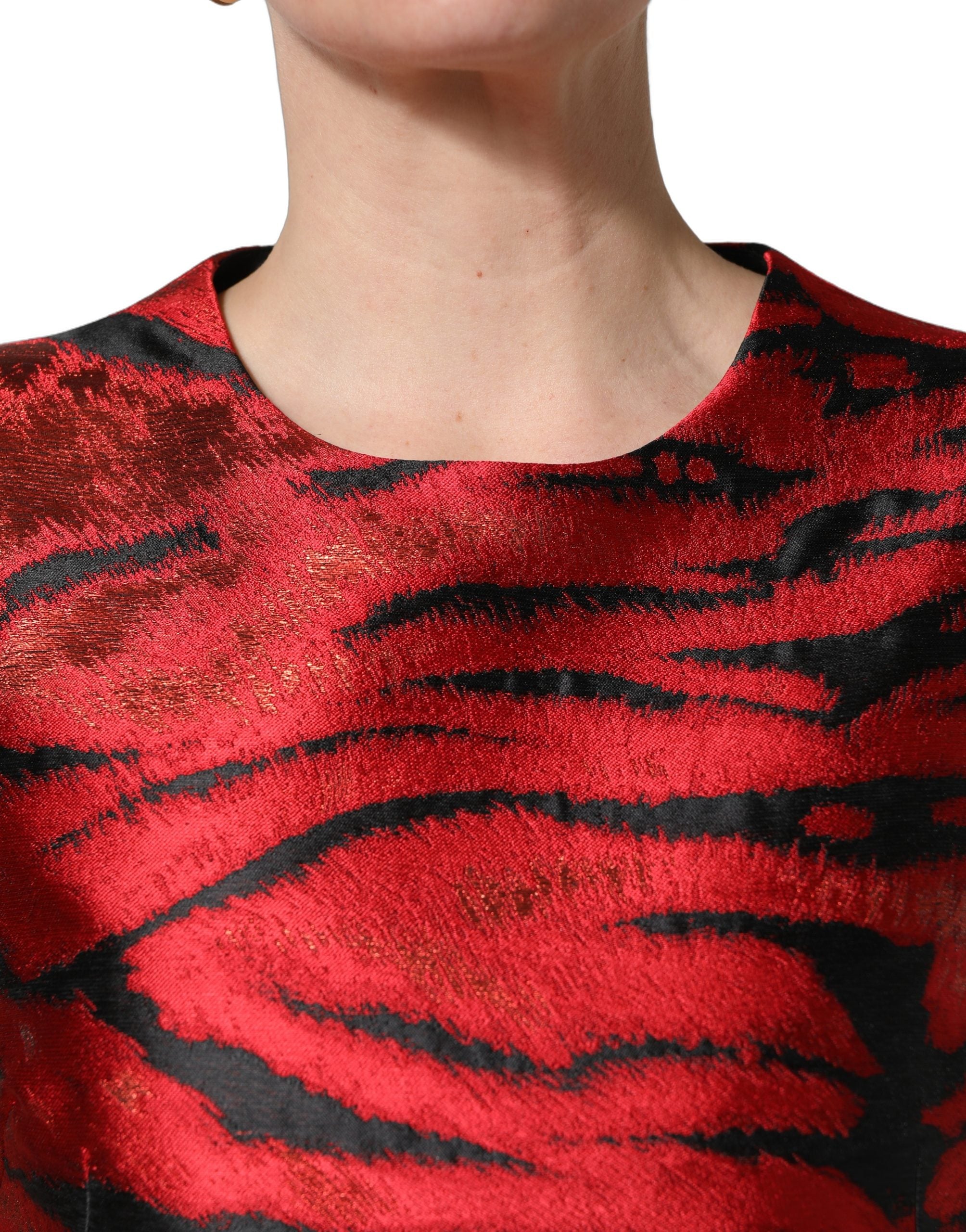 Dolce & Gabbana Red Black Tiger Print Jacquard Flared Women's Dress
