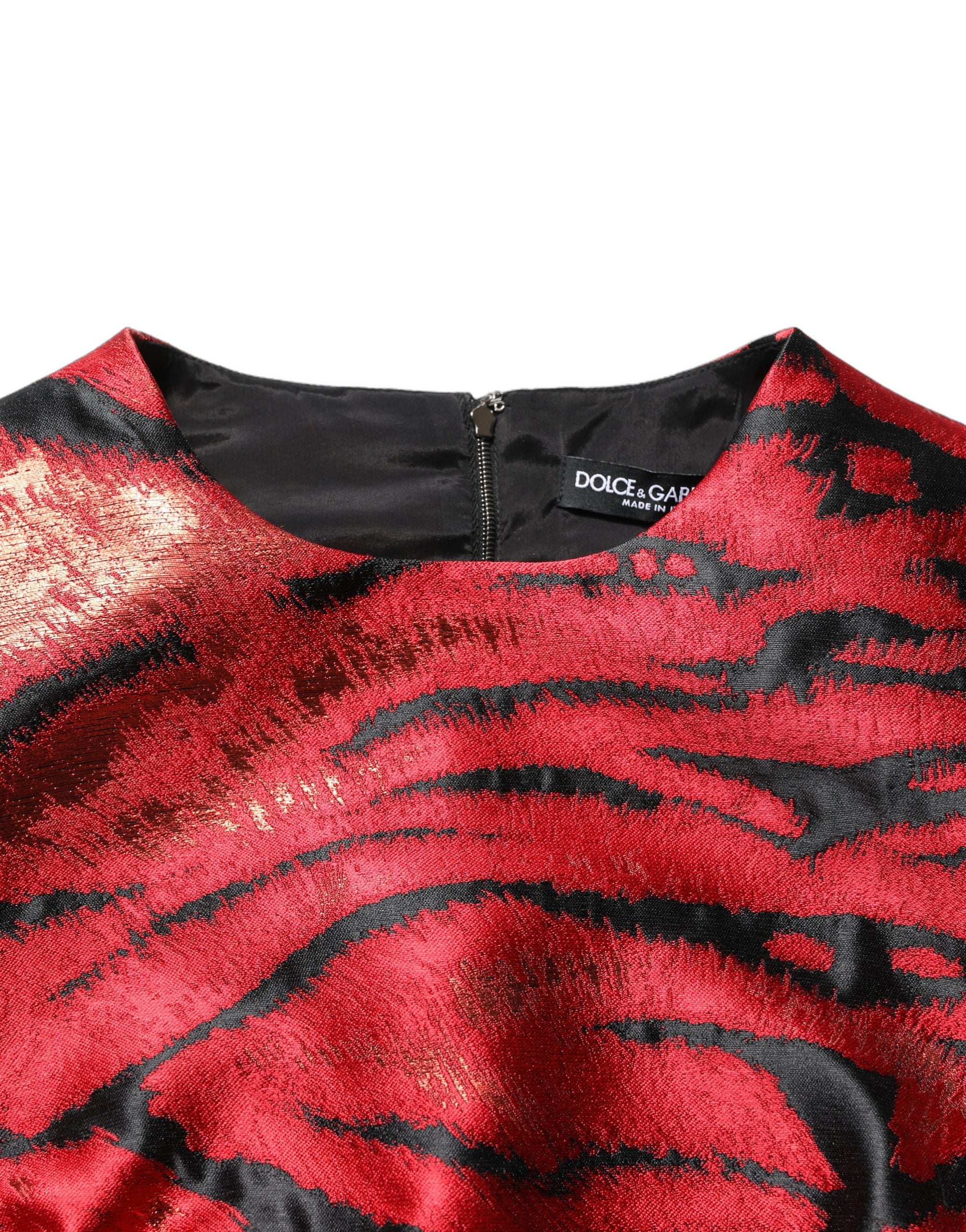 Dolce & Gabbana Red Black Tiger Print Jacquard Flared Women's Dress