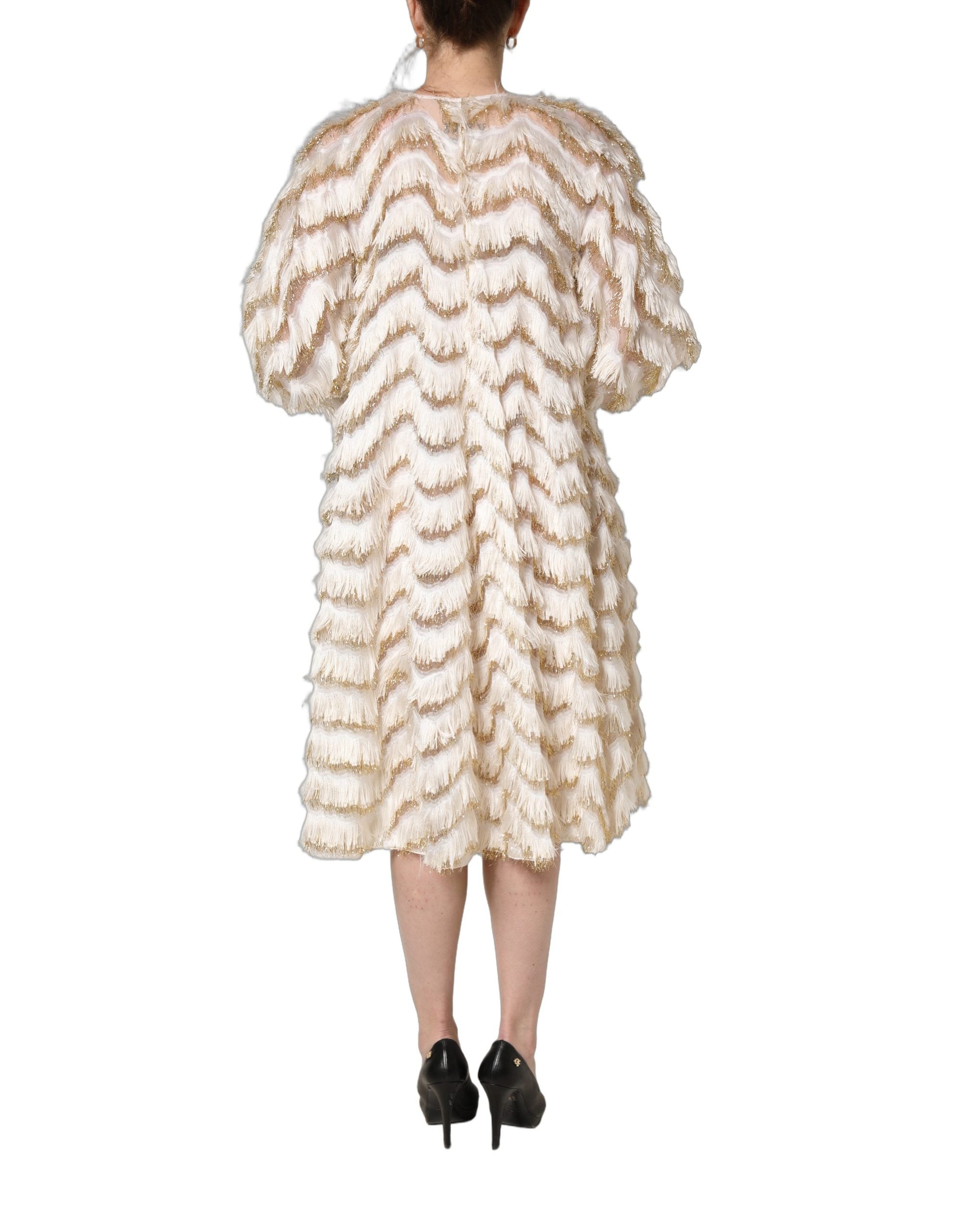 Dolce & Gabbana Ivory Fringe Layered Shift Midi Women's Dress