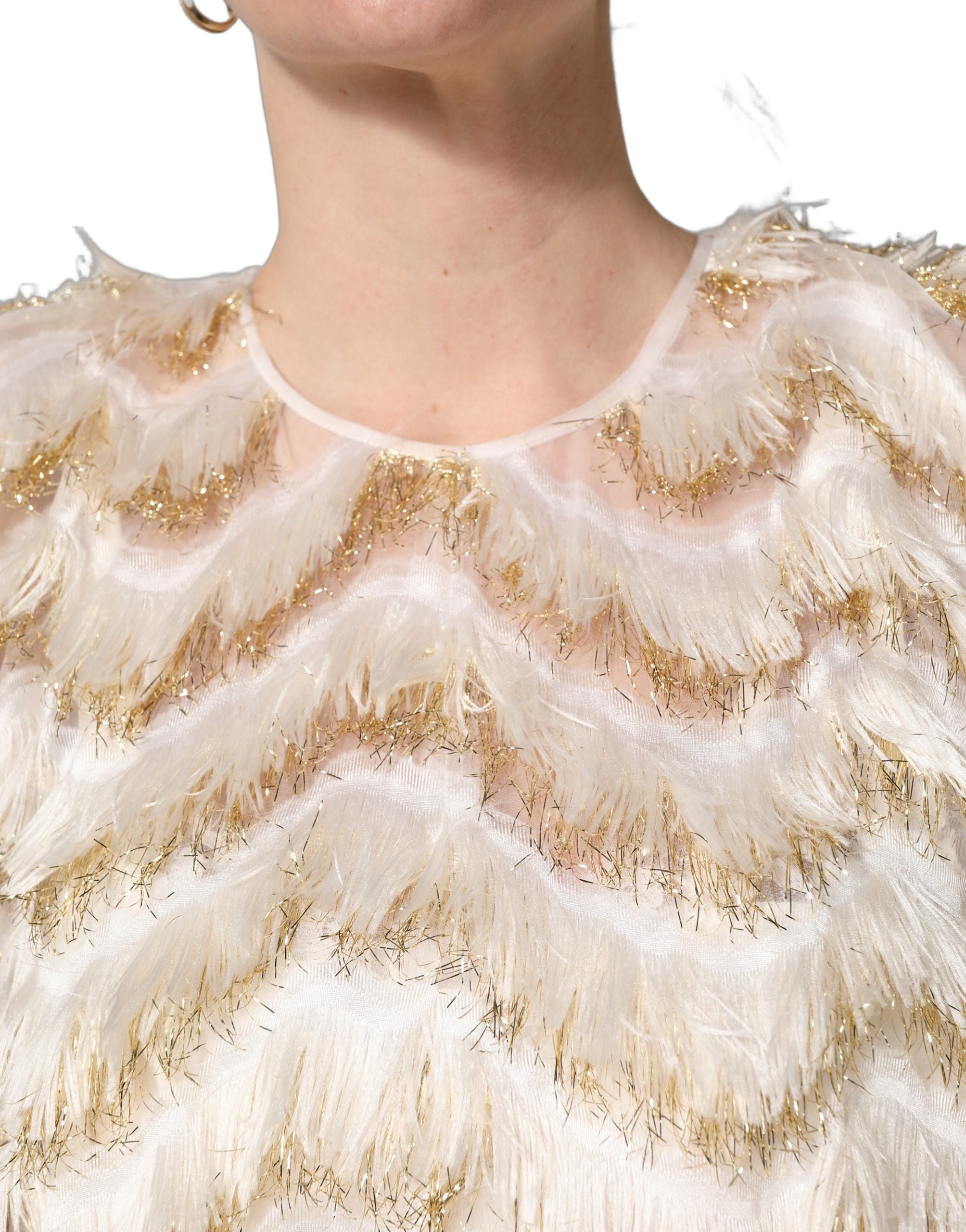 Dolce & Gabbana Ivory Fringe Layered Shift Midi Women's Dress