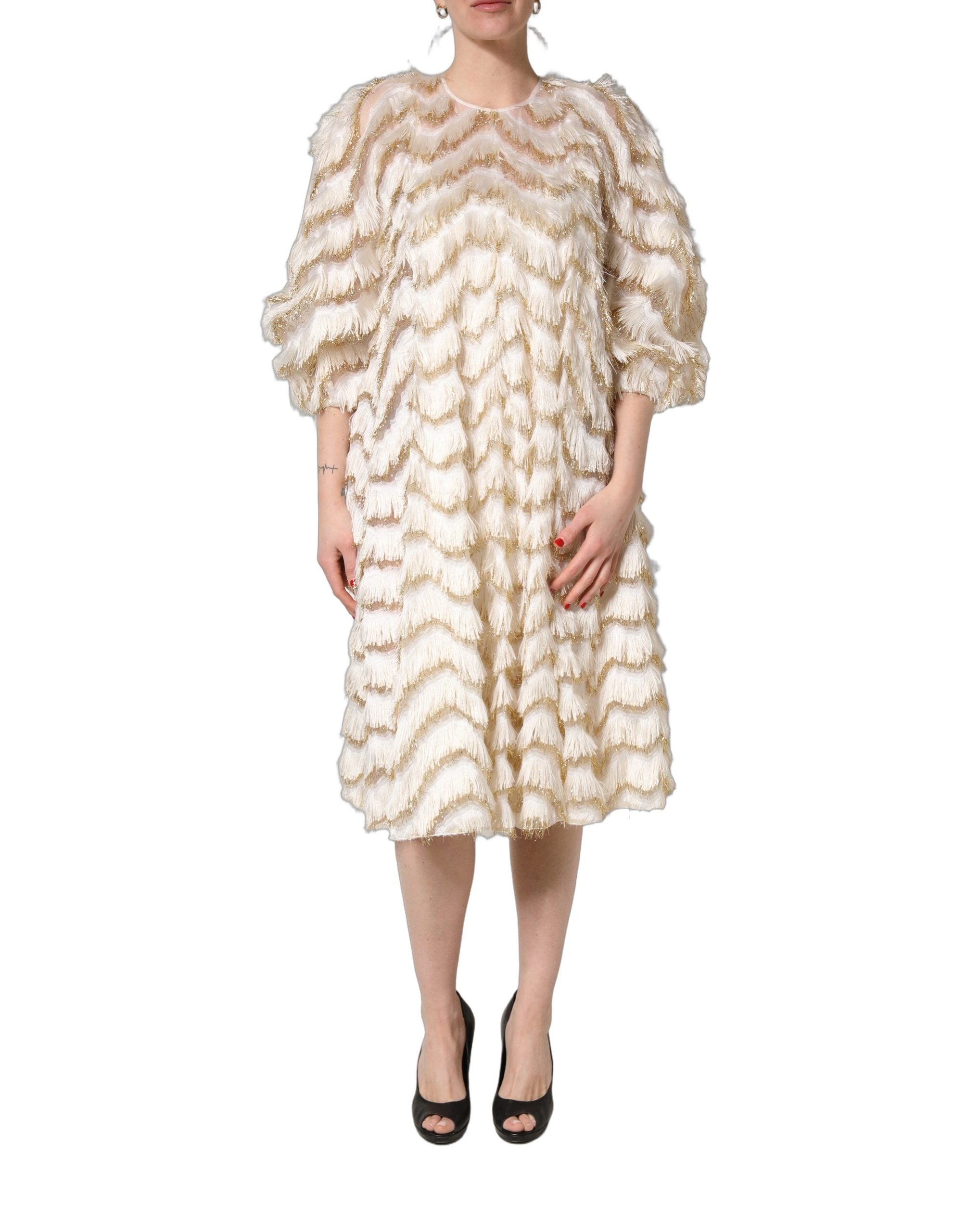 Dolce & Gabbana Ivory Fringe Layered Shift Midi Women's Dress