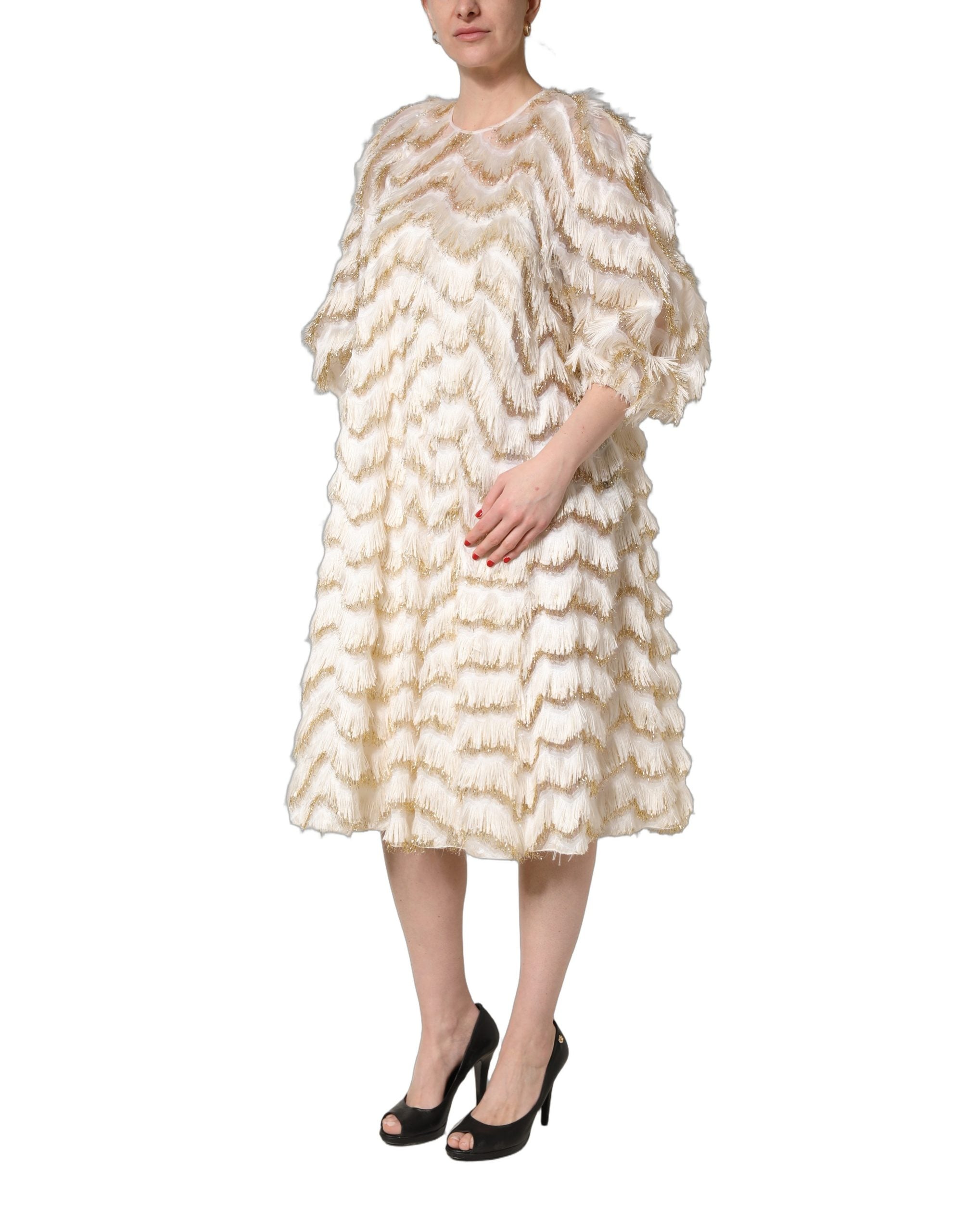 Dolce & Gabbana Ivory Fringe Layered Shift Midi Women's Dress
