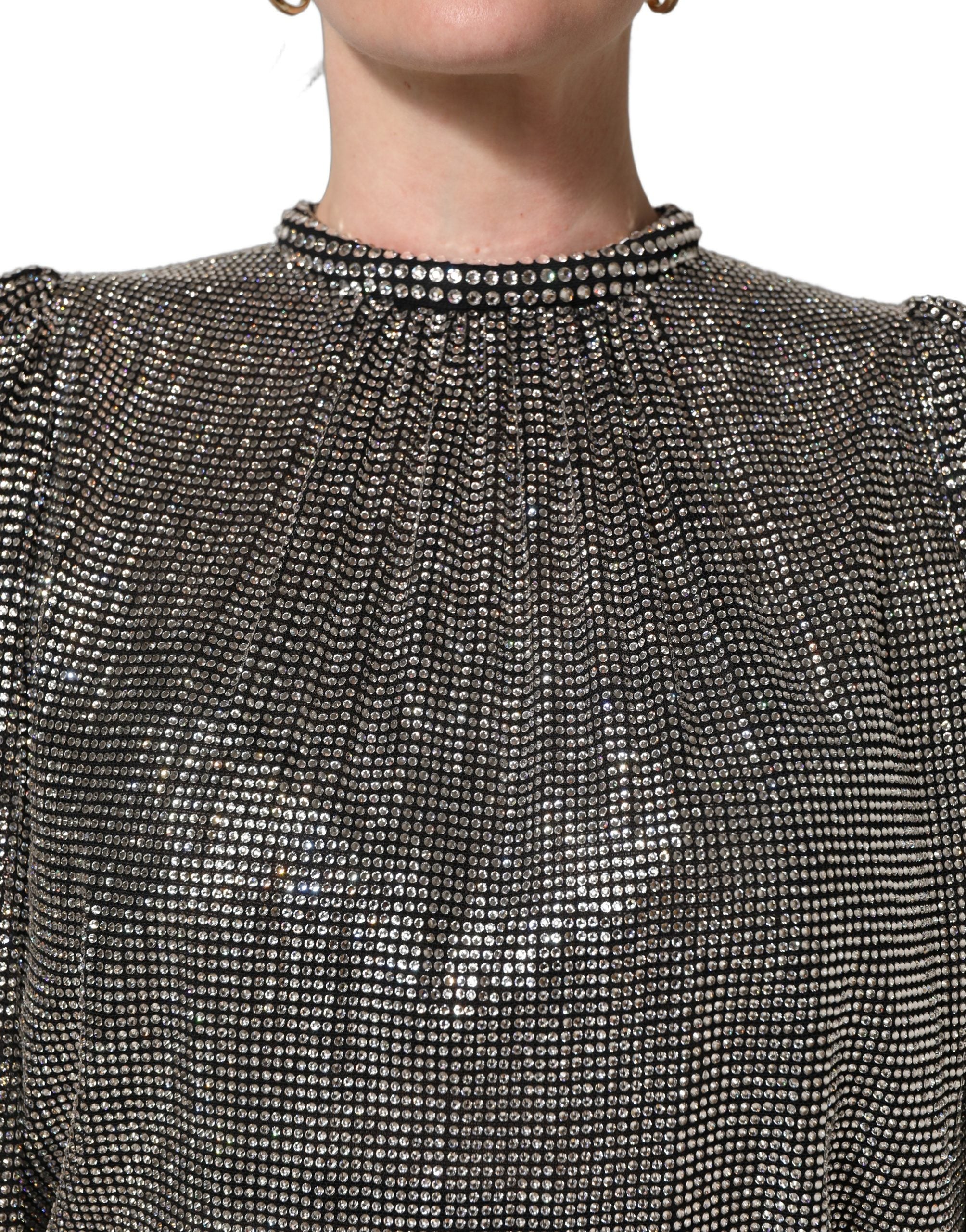 Dolce & Gabbana Silver Rhinestones Long Sleeves Bodysuit Mini Women's Dress