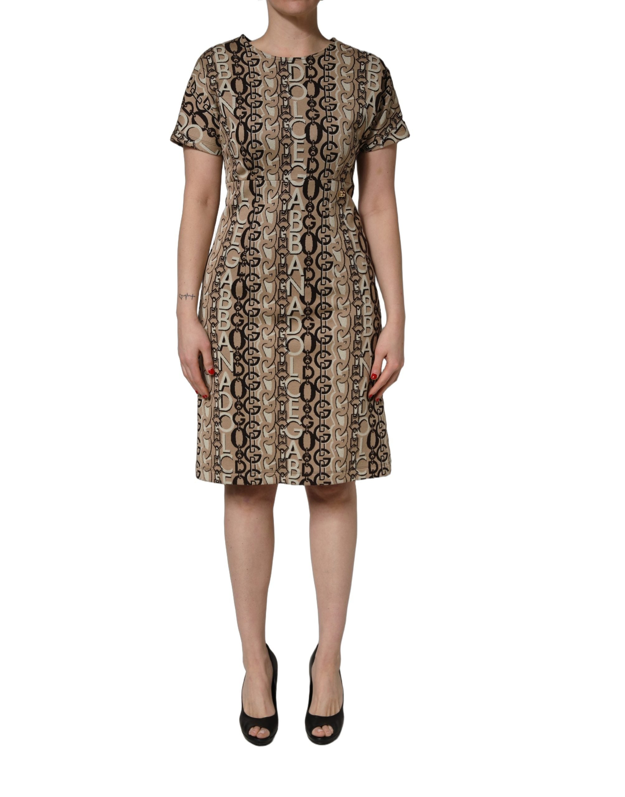 Dolce & Gabbana Brown DG Logo Chain Short-Sleeve Sheath Women's Dress