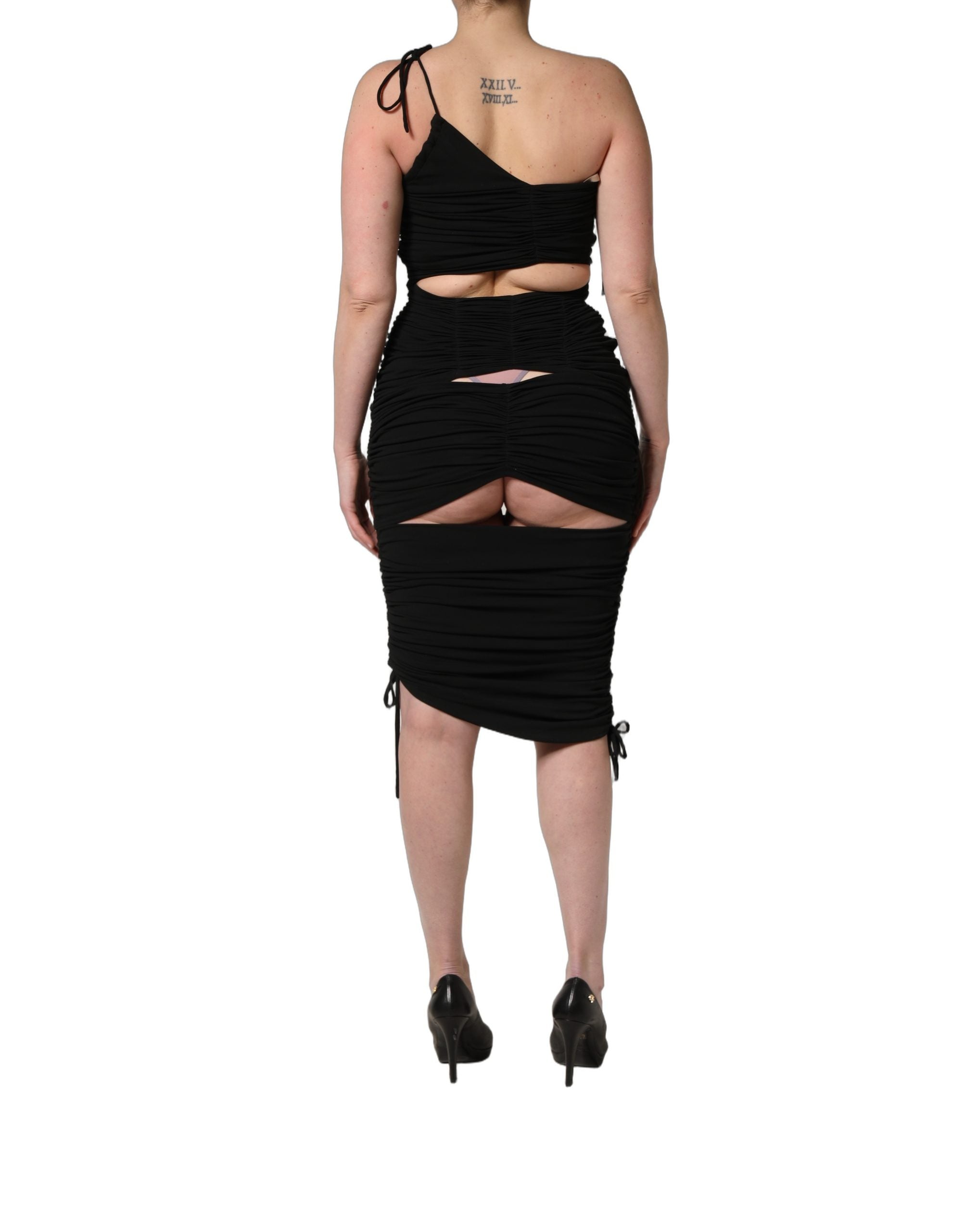 Dolce & Gabbana Black Jersey Calf Length Cut-Out Ruched Women's Dress (Pre-Owned)