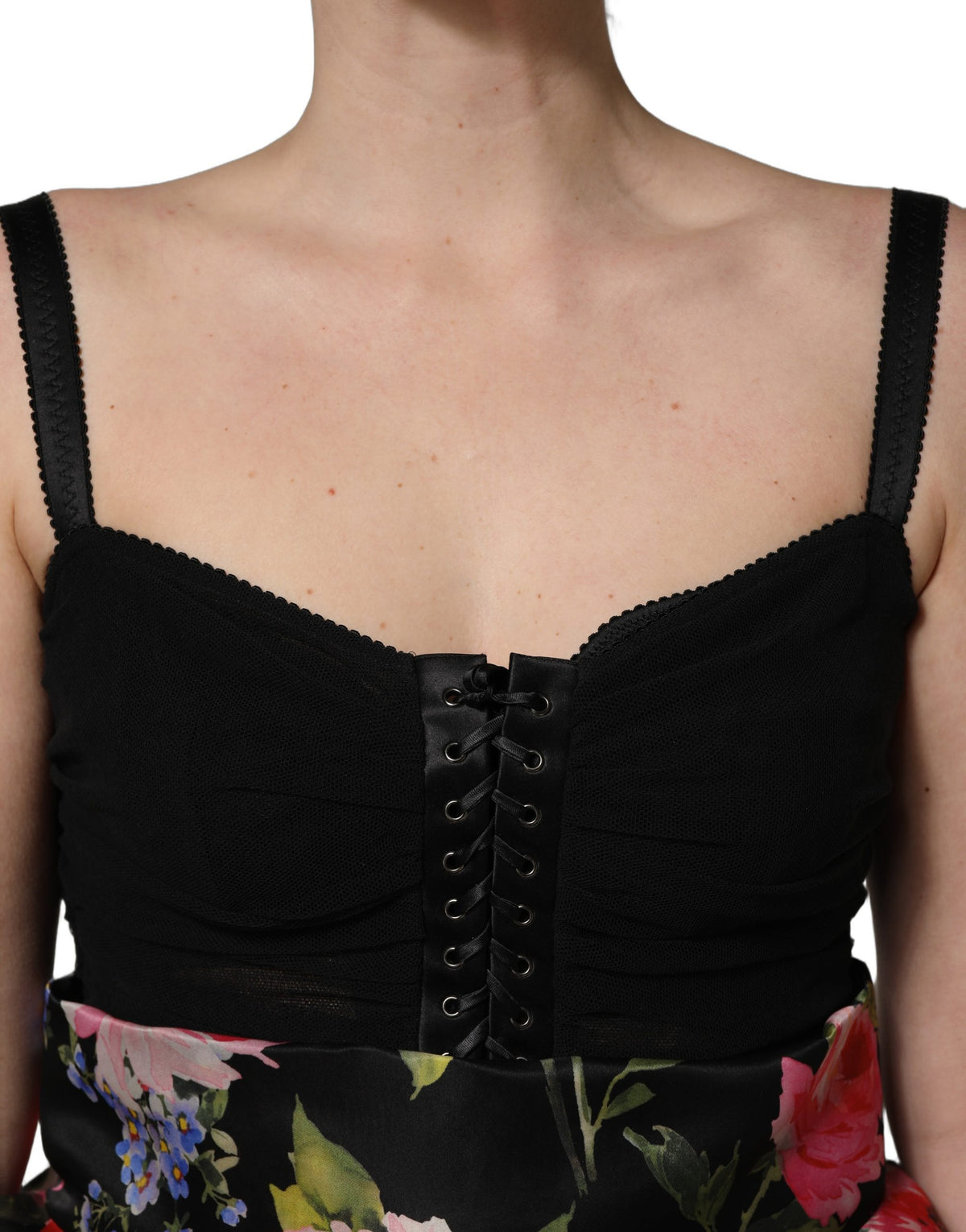 Dolce & Gabbana Black Sleeveless Bustier Floral Print Tiered Women's Dress