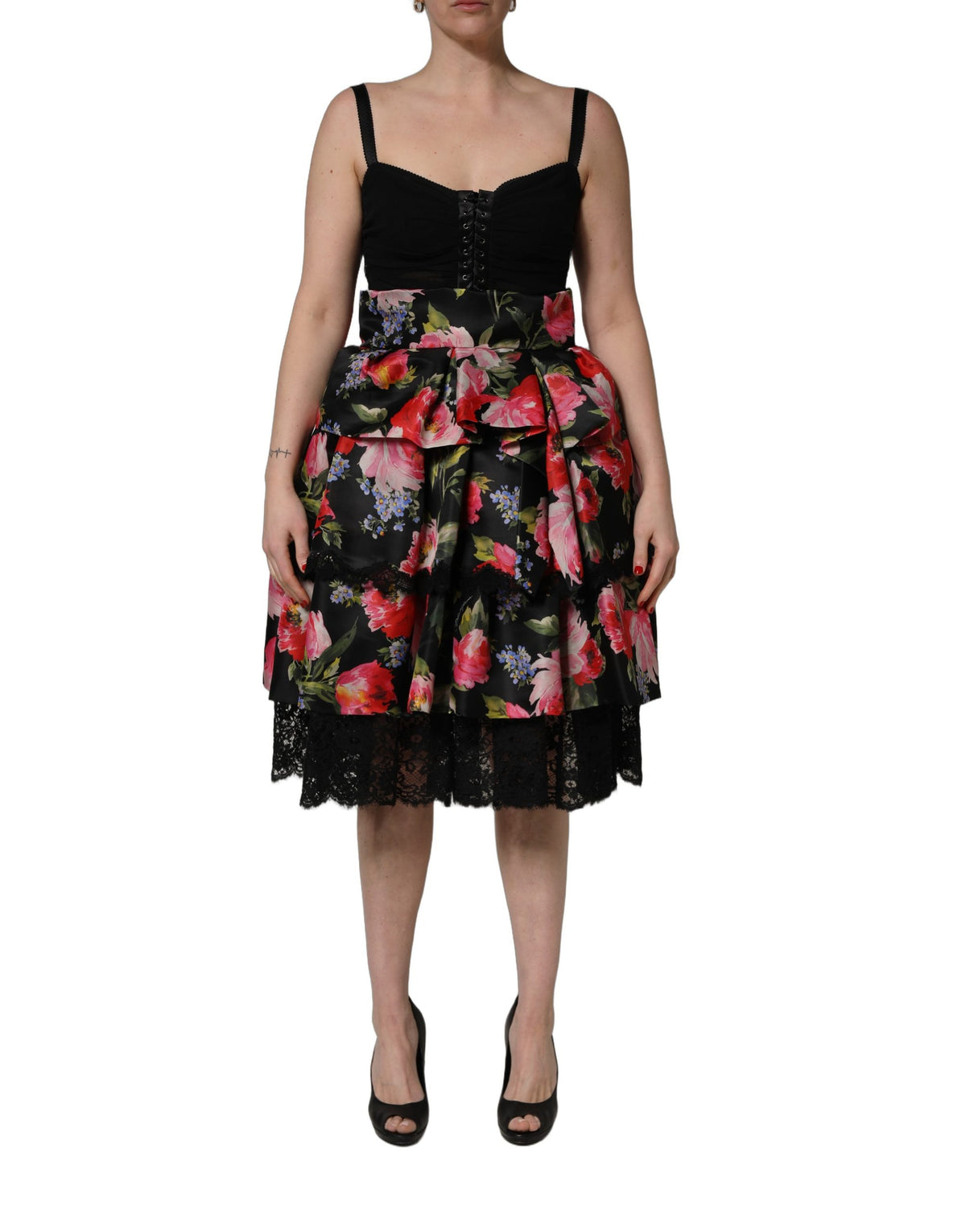 Dolce & Gabbana Black Sleeveless Bustier Floral Print Tiered Women's Dress
