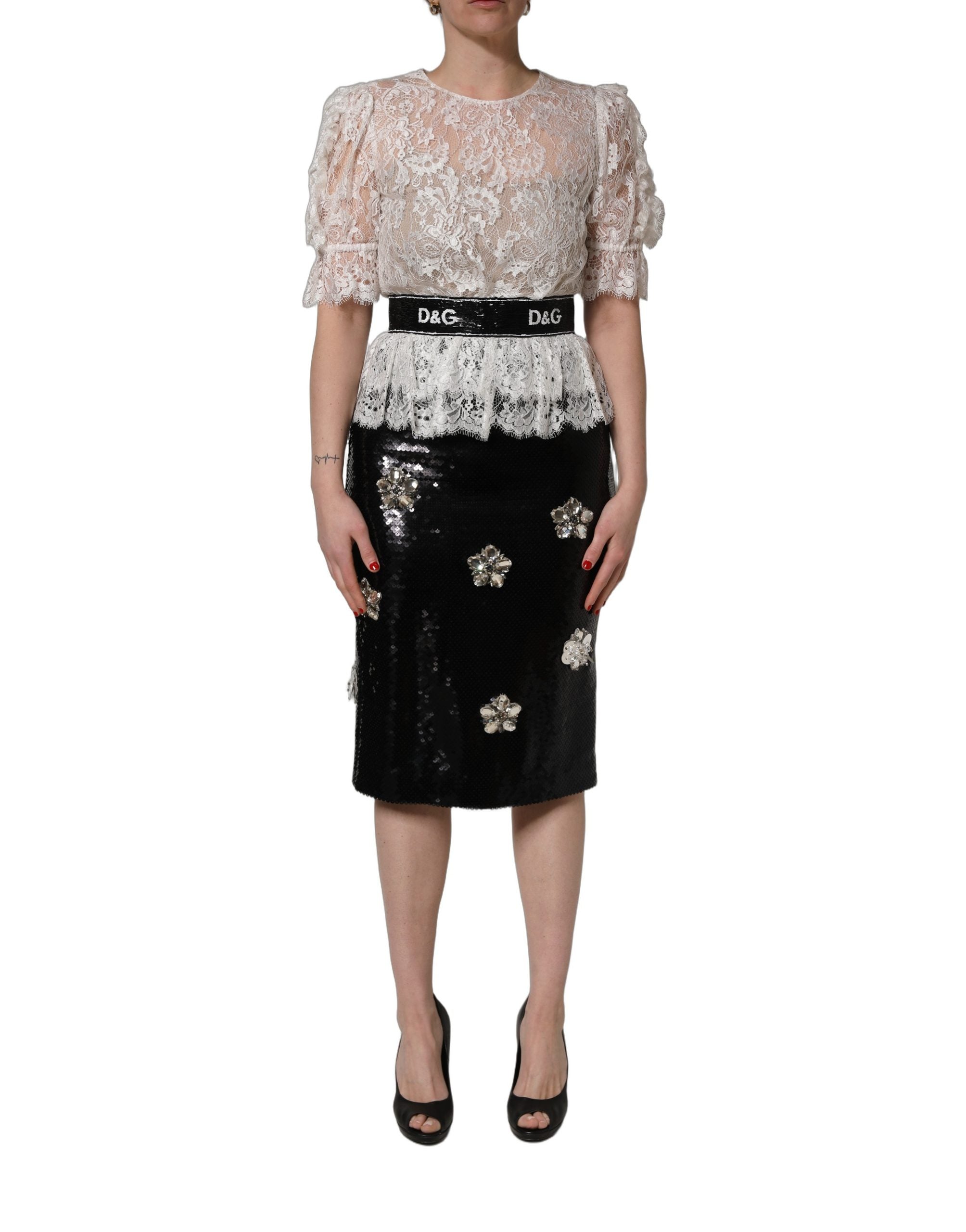 Dolce & Gabbana White Lace Top Embellished Black Skirt Women's Dress