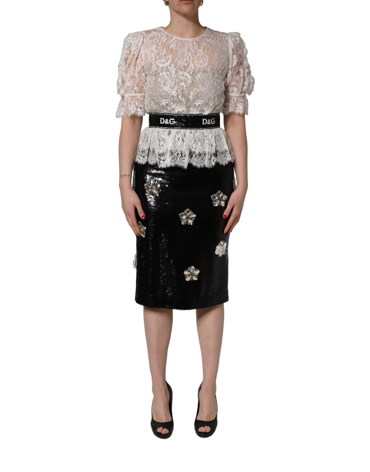 Dolce & Gabbana White Lace Top Embellished Black Skirt Women's Dress