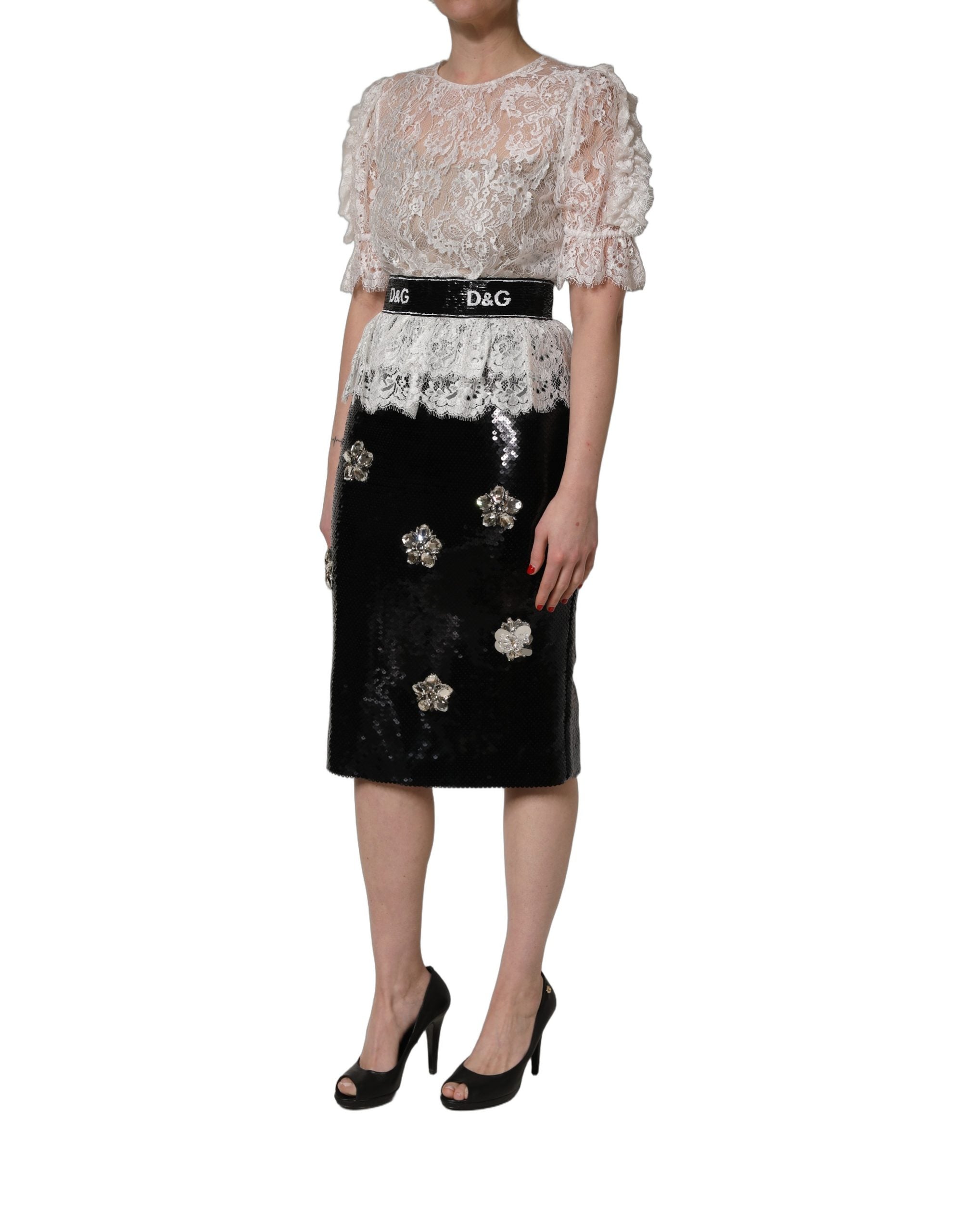 Dolce & Gabbana White Lace Top Embellished Black Skirt Women's Dress