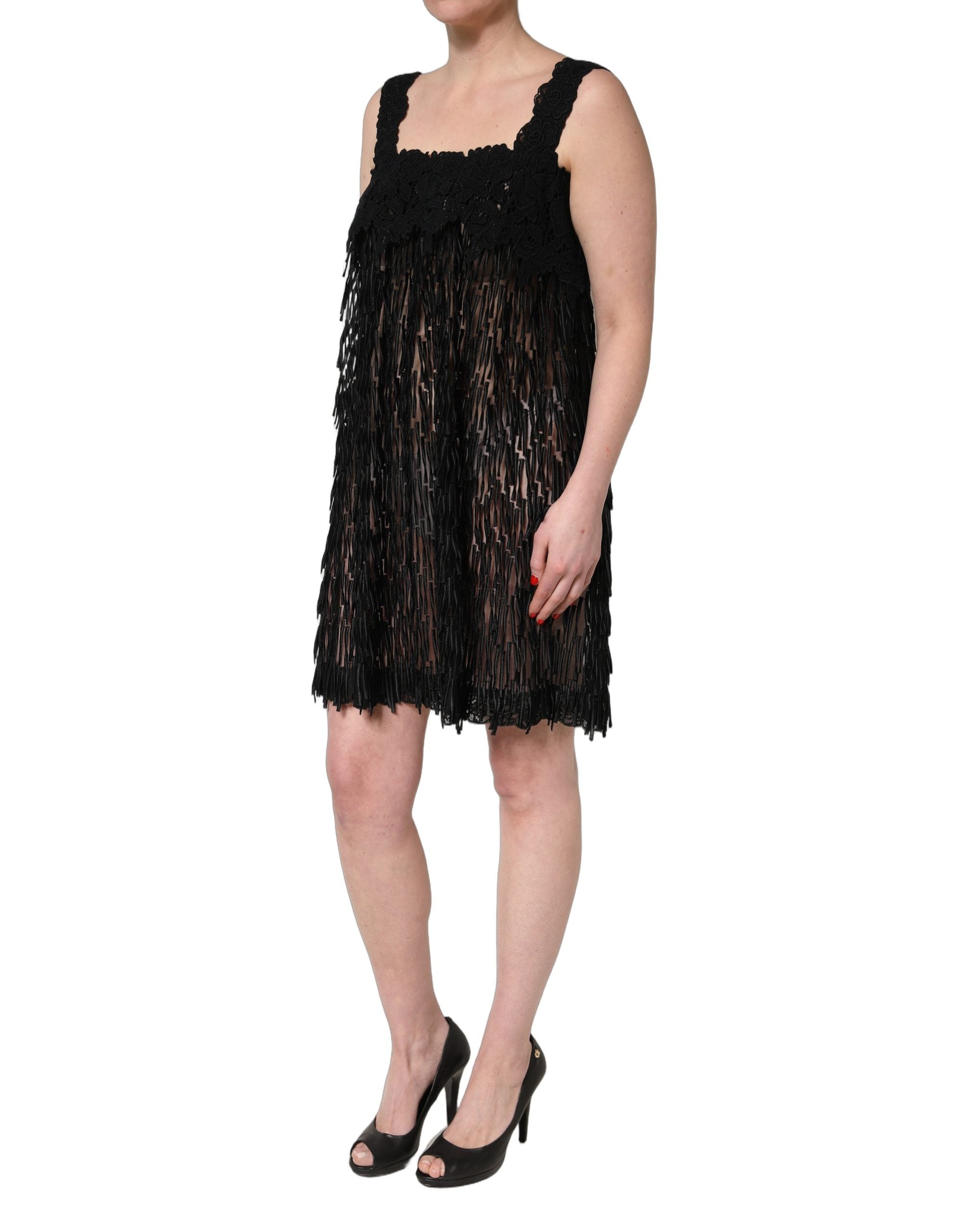 Dolce & Gabbana Black Viscose Fringed Sleeveless Mini Women's Dress