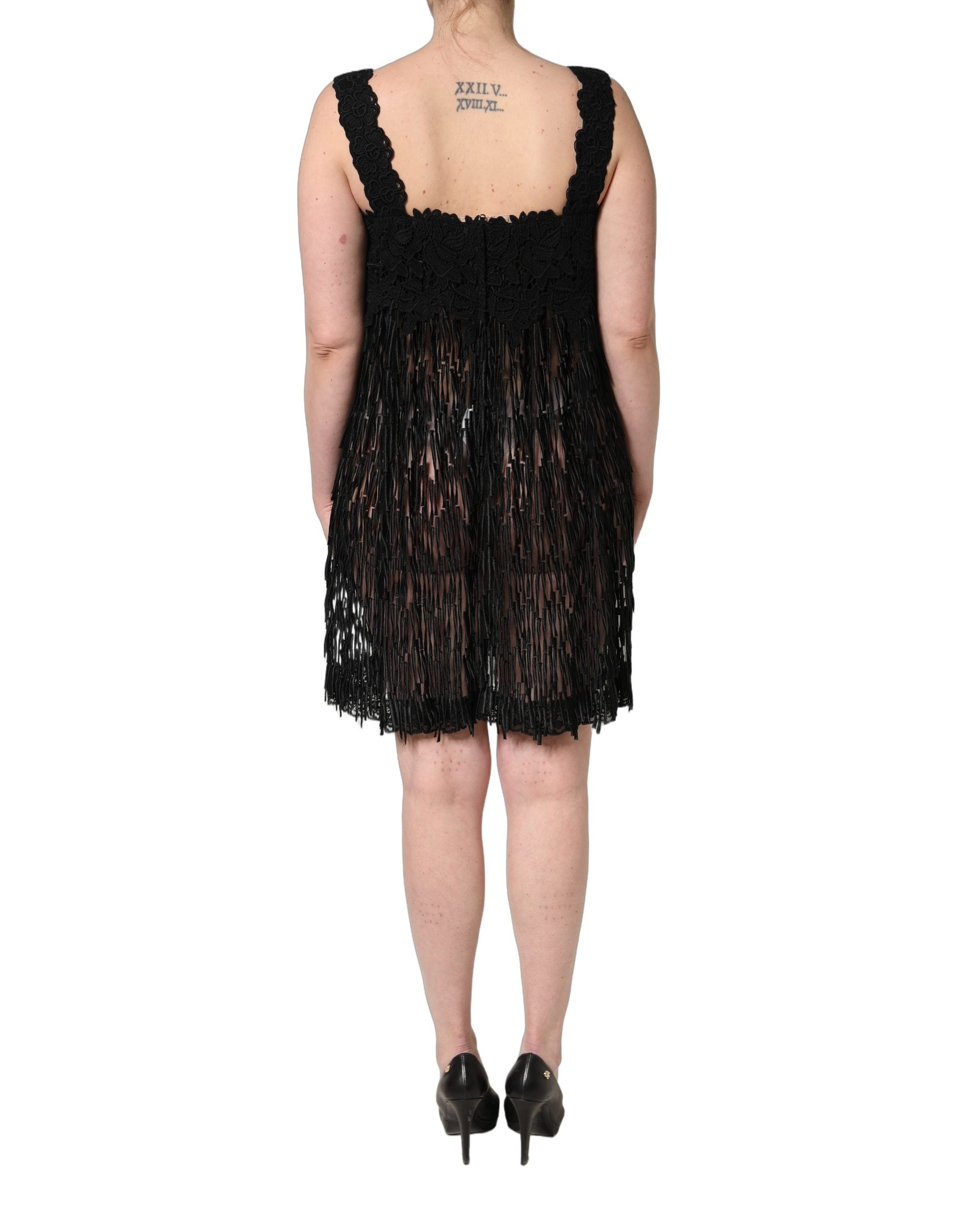 Dolce & Gabbana Black Viscose Fringed Sleeveless Mini Women's Dress