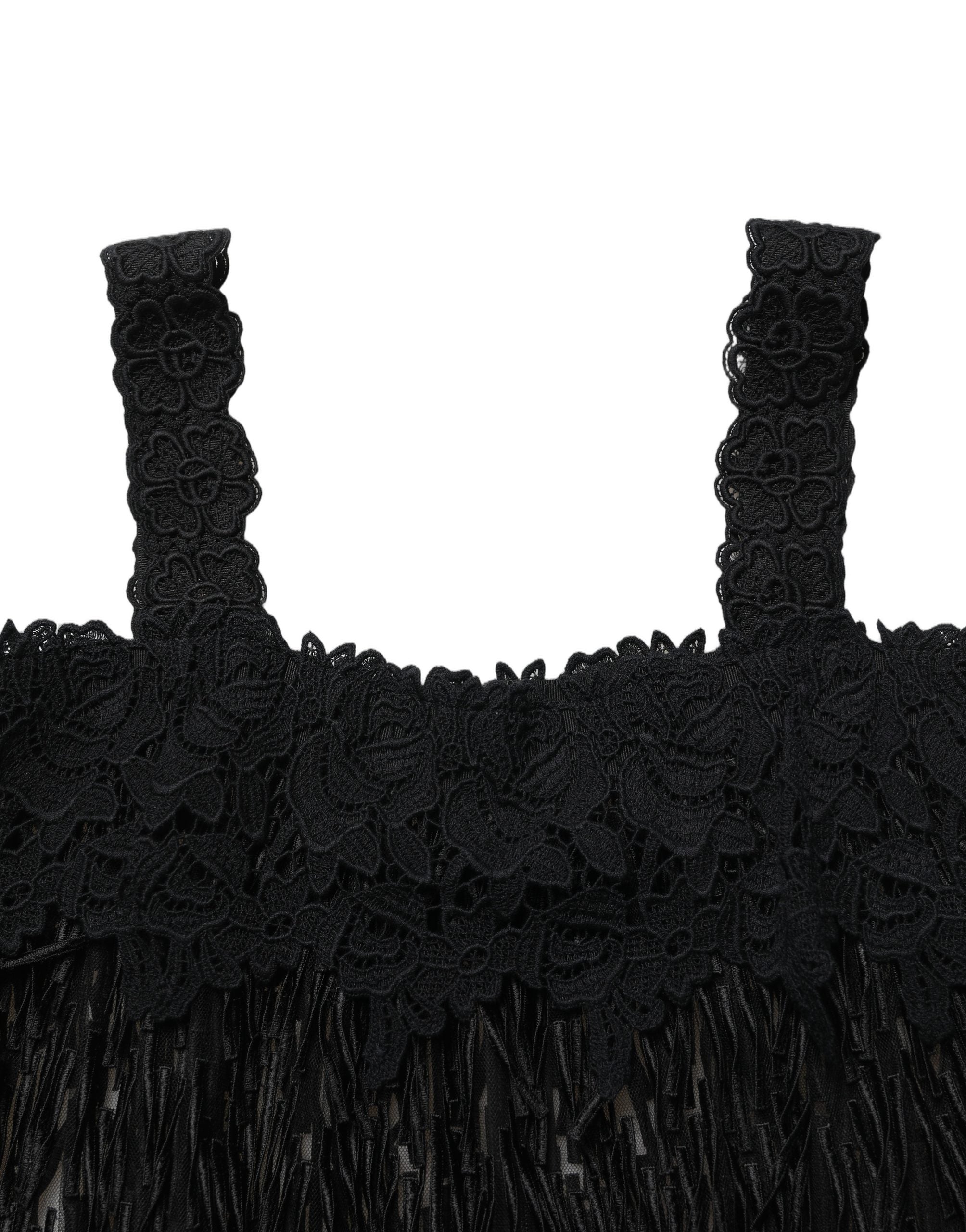 Dolce & Gabbana Black Viscose Fringed Sleeveless Mini Women's Dress