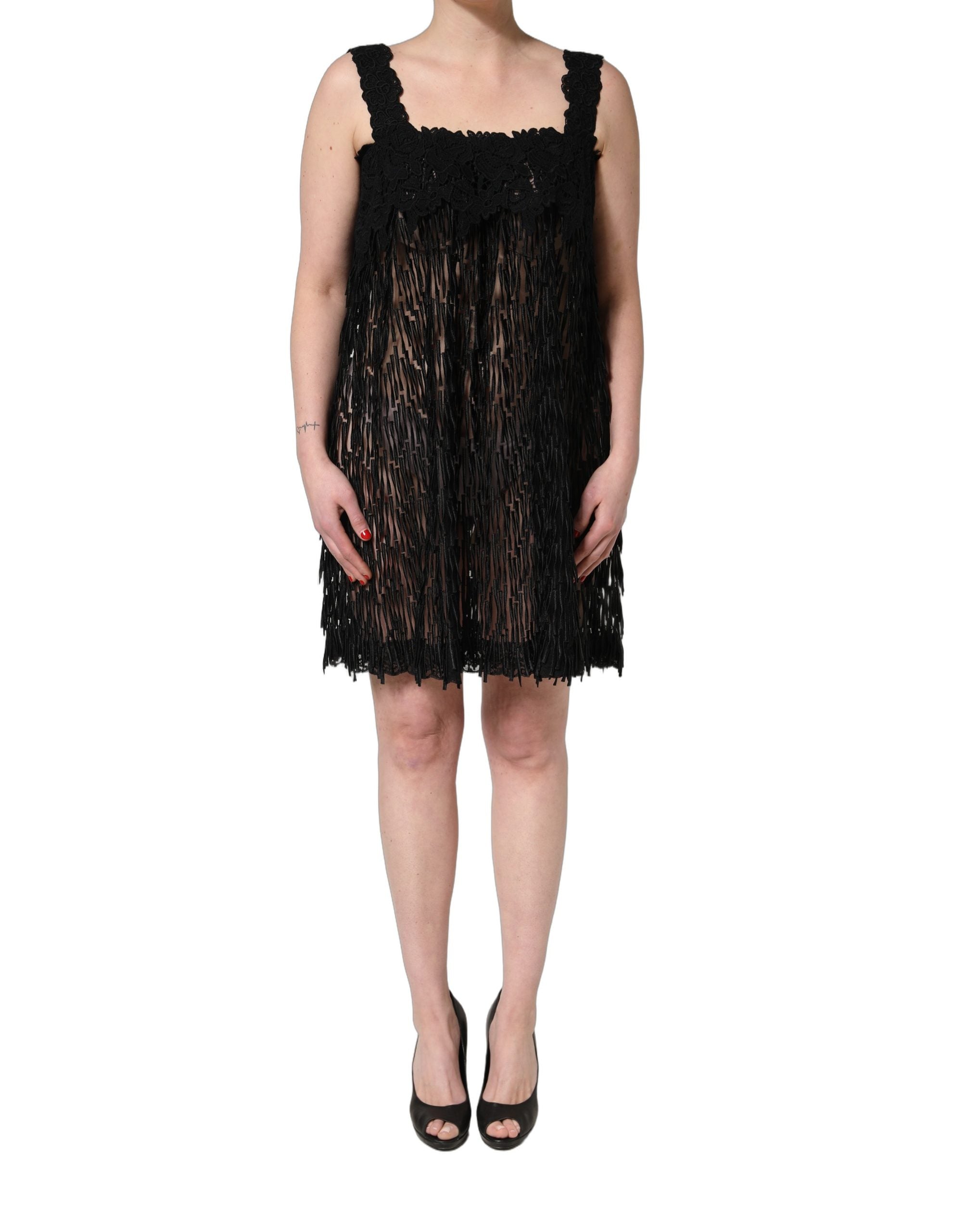 Dolce & Gabbana Black Viscose Fringed Sleeveless Mini Women's Dress