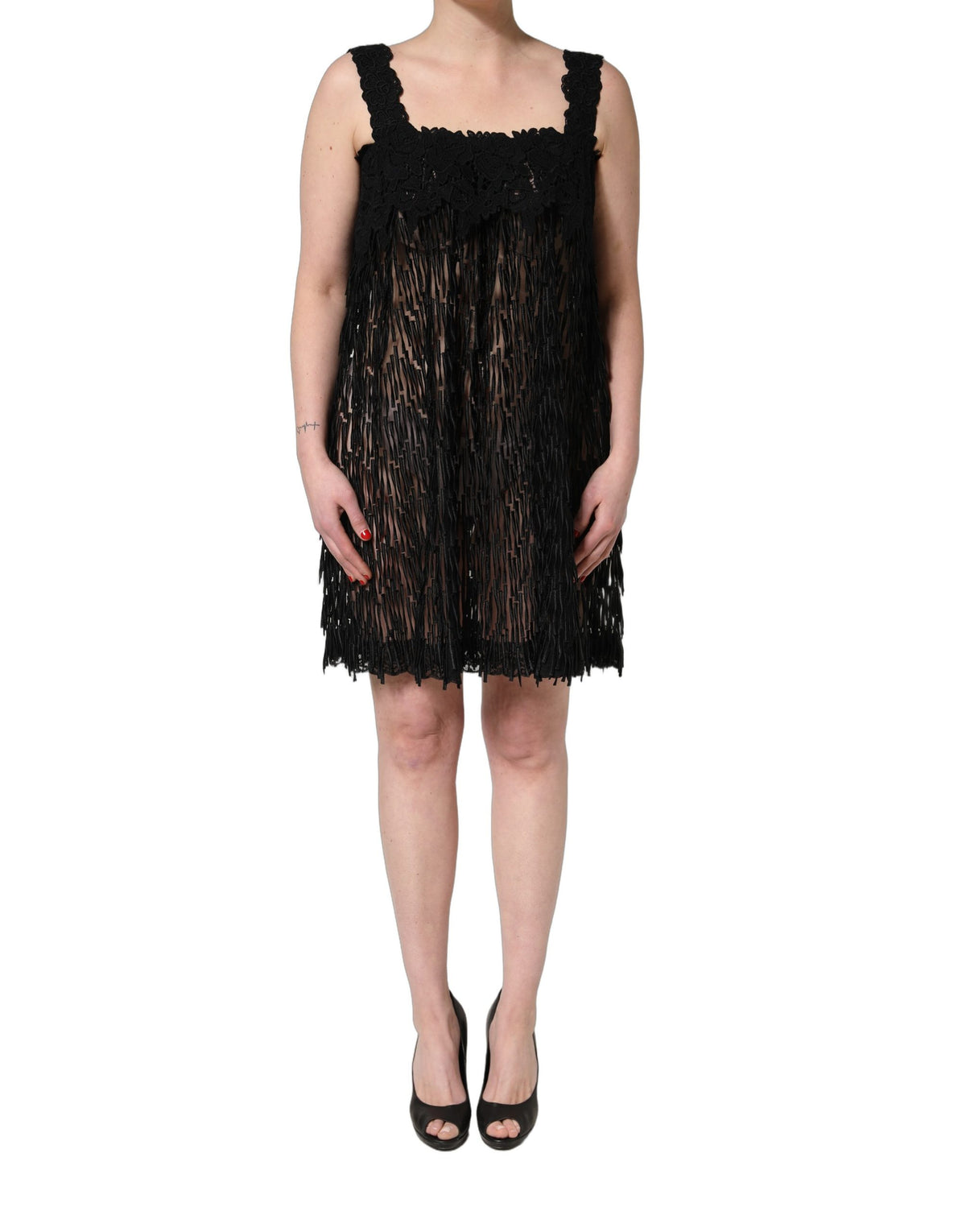 Dolce & Gabbana Black Viscose Fringed Sleeveless Mini Women's Dress