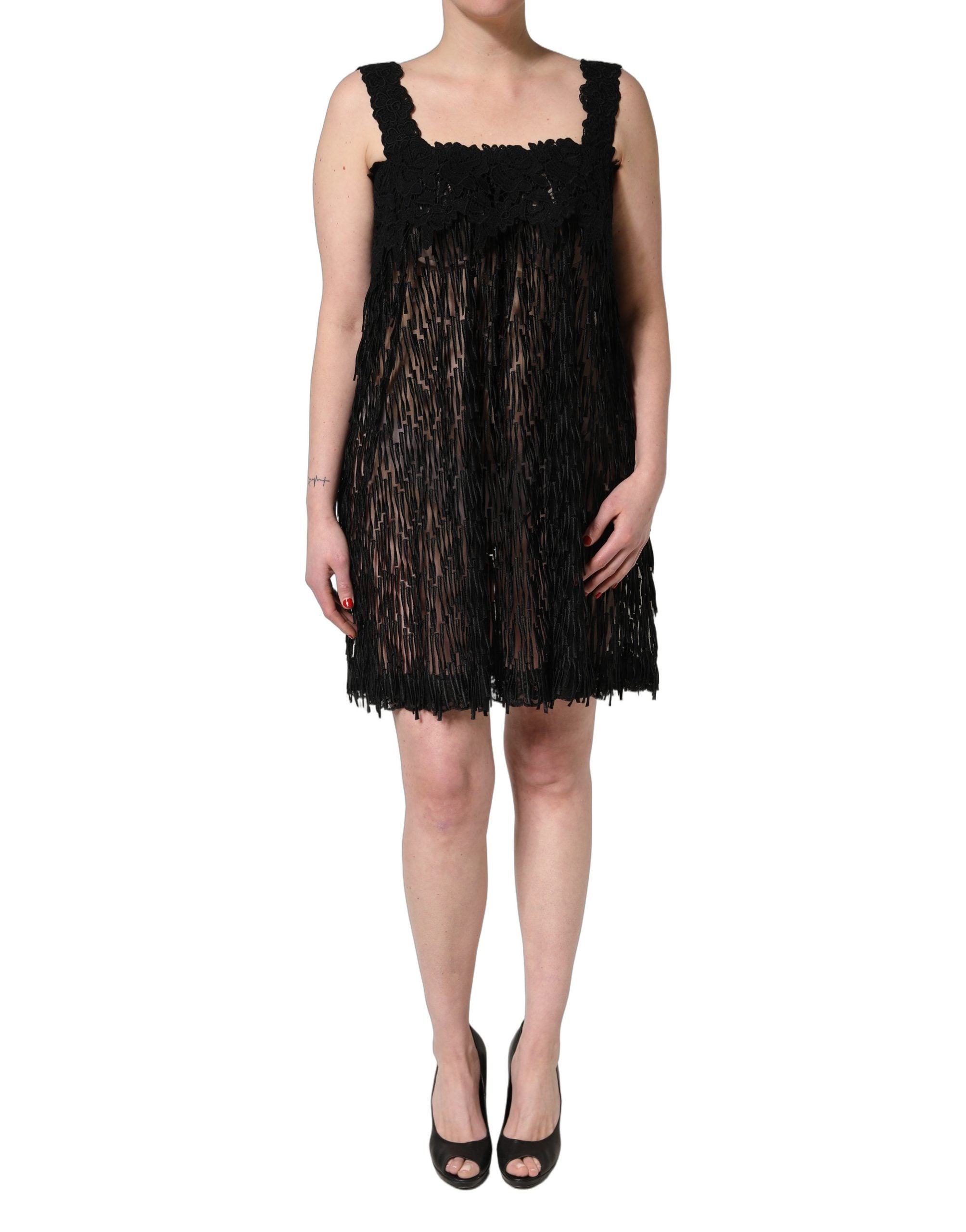 Dolce & Gabbana Black Viscose Fringed Sleeveless Mini Women's Dress