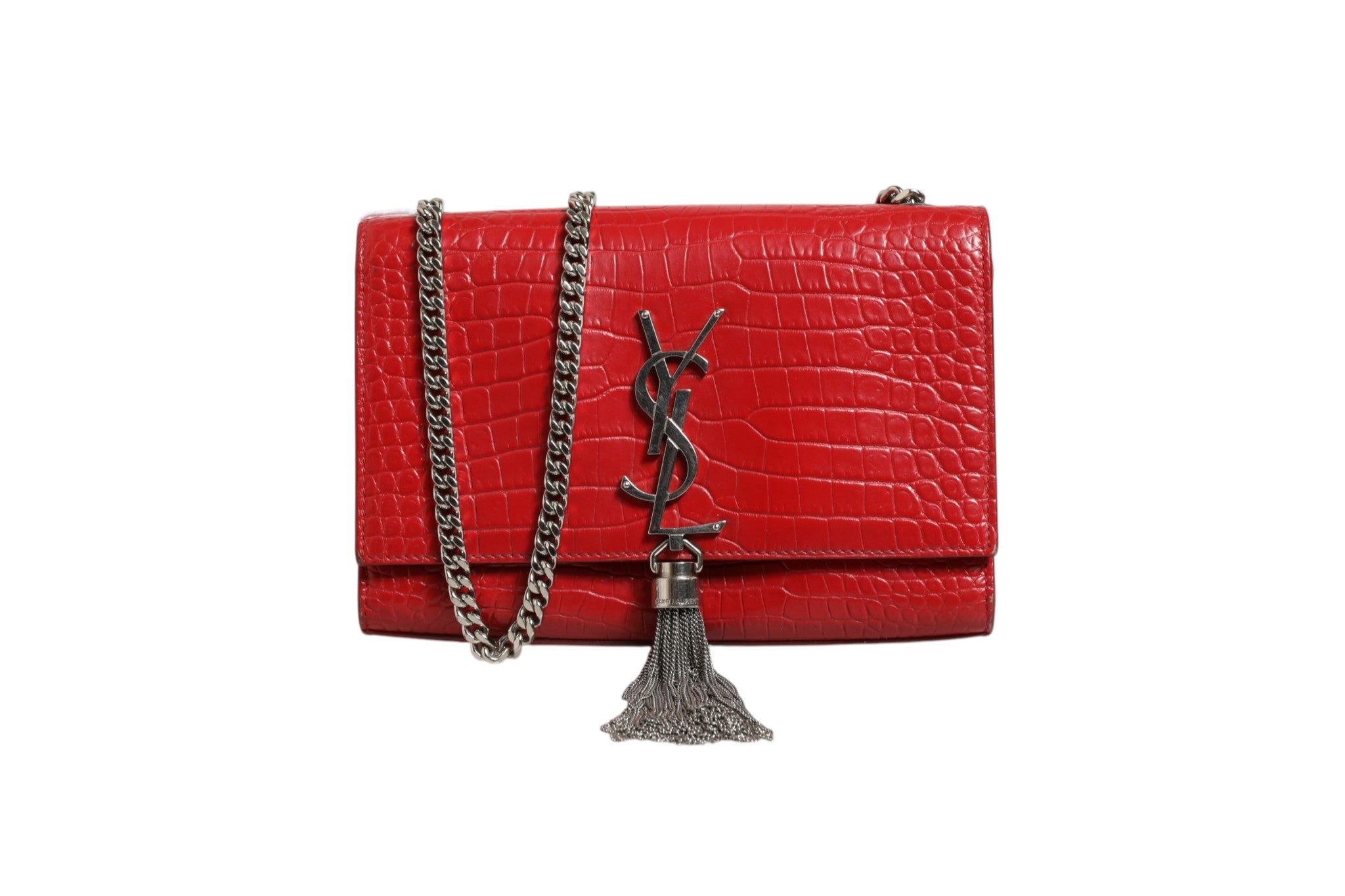 Saint Laurent Kate Tassel Chain Bag in Red Crocodile Embossed Women's Leather (Pre-Owned)