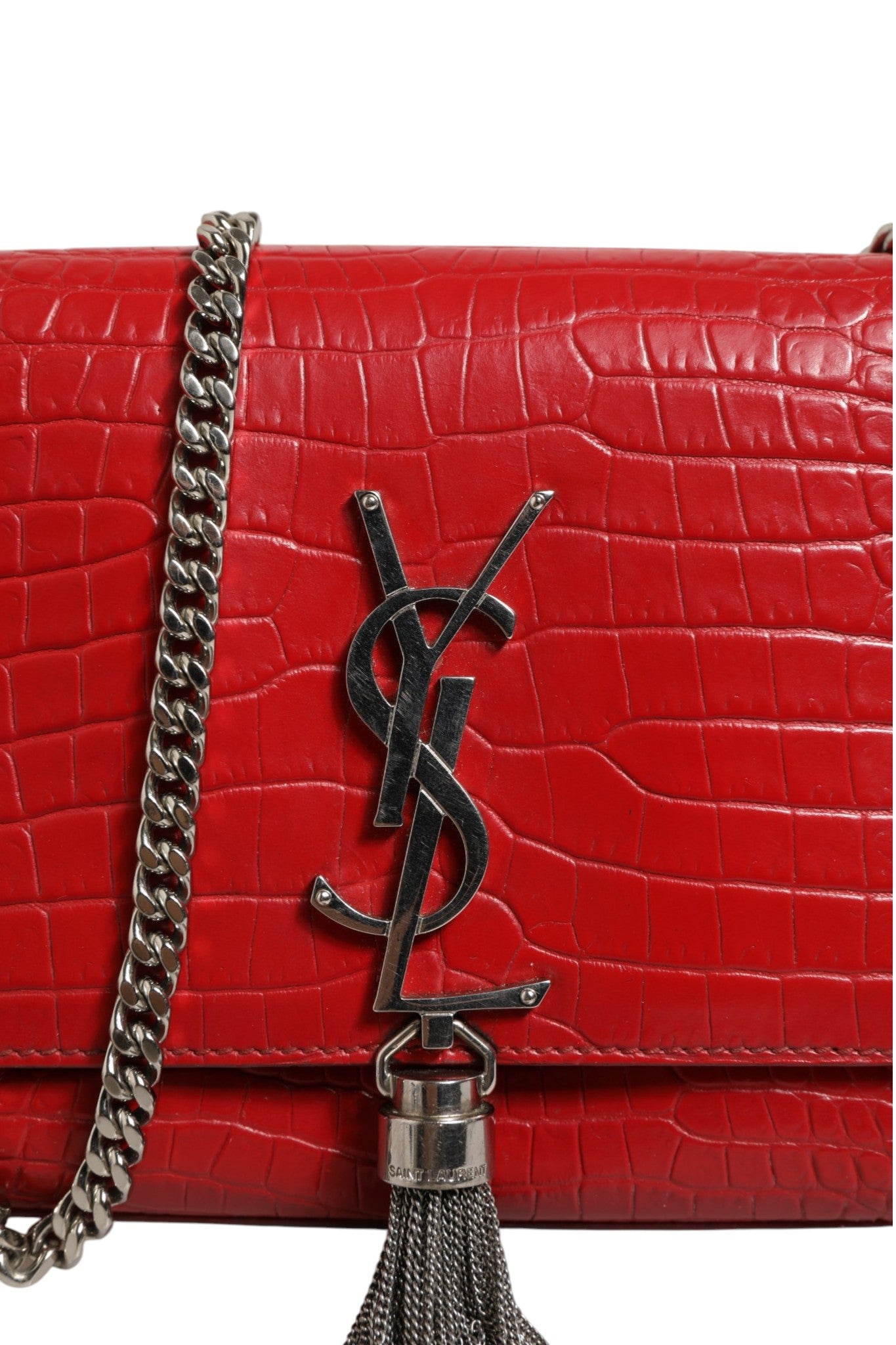 Saint Laurent Kate Tassel Chain Bag in Red Crocodile Embossed Women's Leather (Pre-Owned)