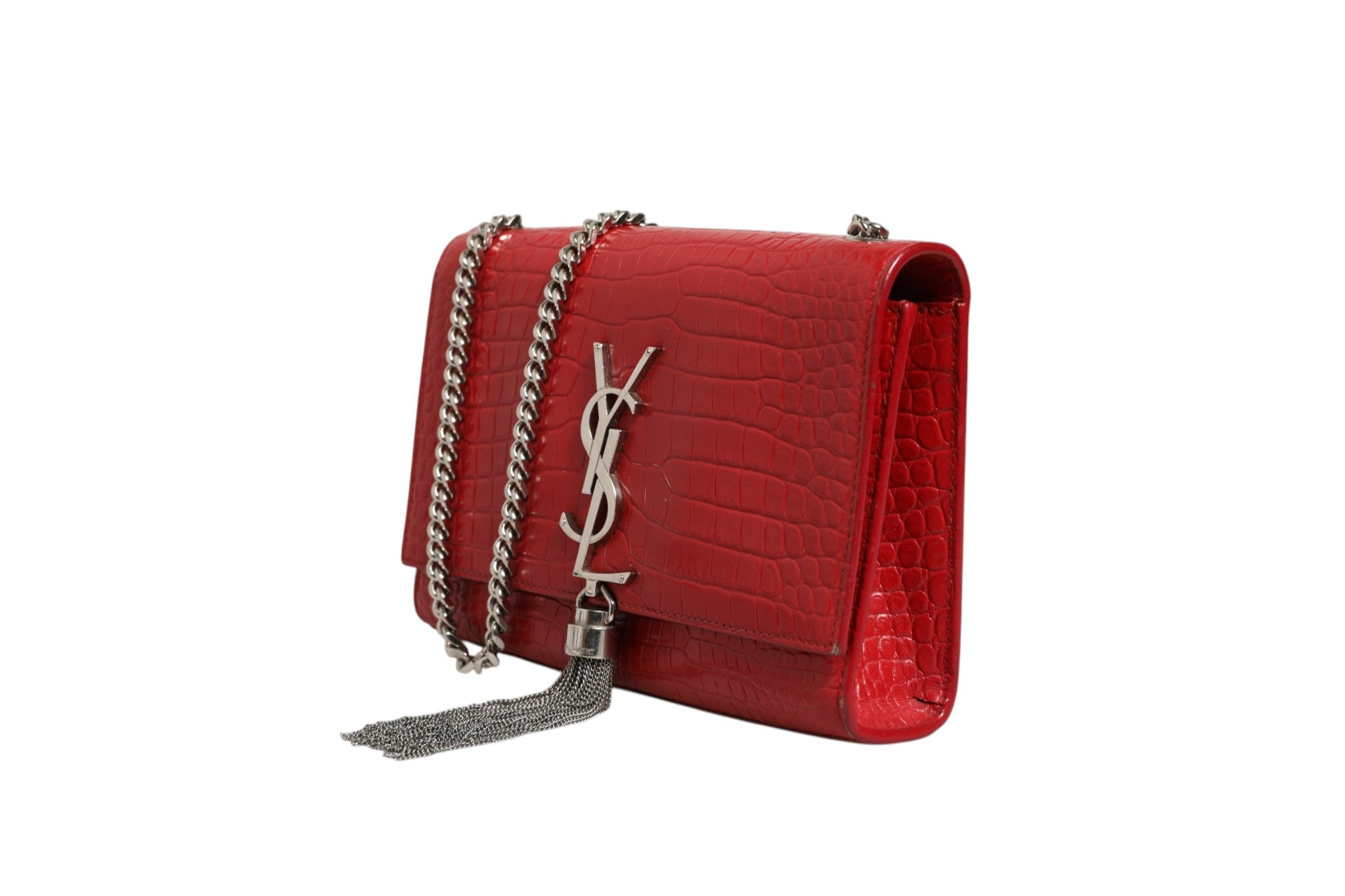 Saint Laurent Kate Tassel Chain Bag in Red Crocodile Embossed Women's Leather (Pre-Owned)