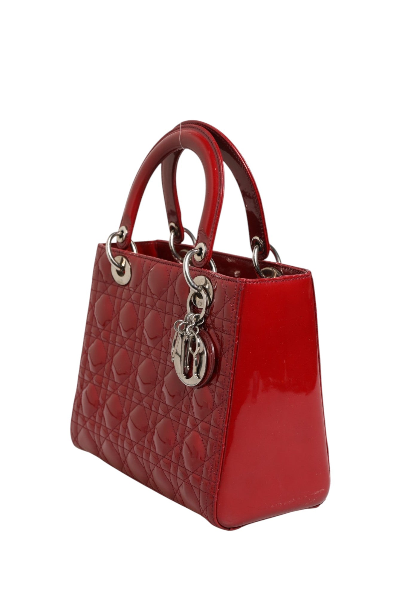 Christian Dior Cherry Red Patent Leather Cannage Quilting Small Lady Dior Women's Bag (Pre-Owned)