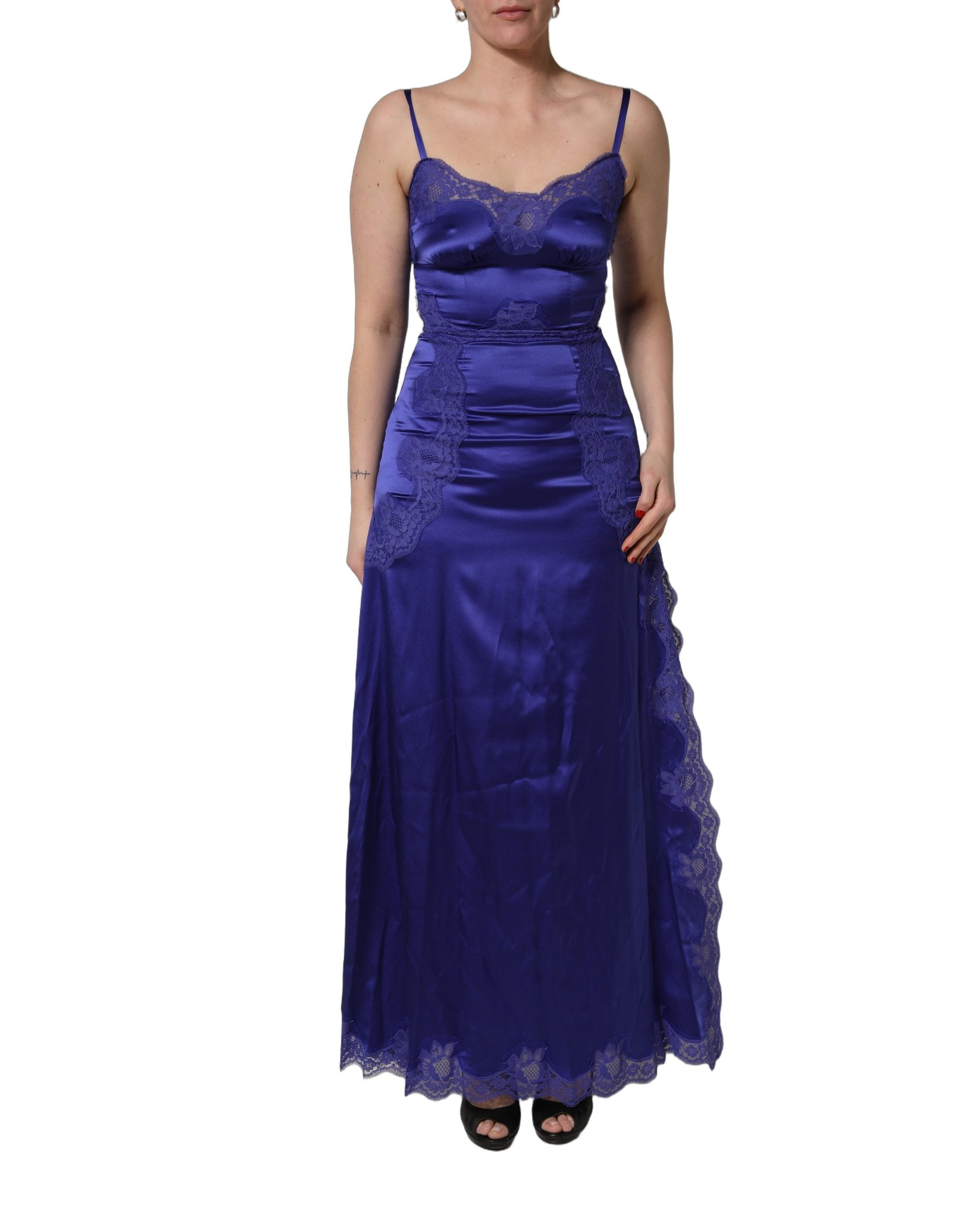 Dolce & Gabbana Blue Sleeveless Lace Trim A-line Gown Women's Dress (Pre-Owned)