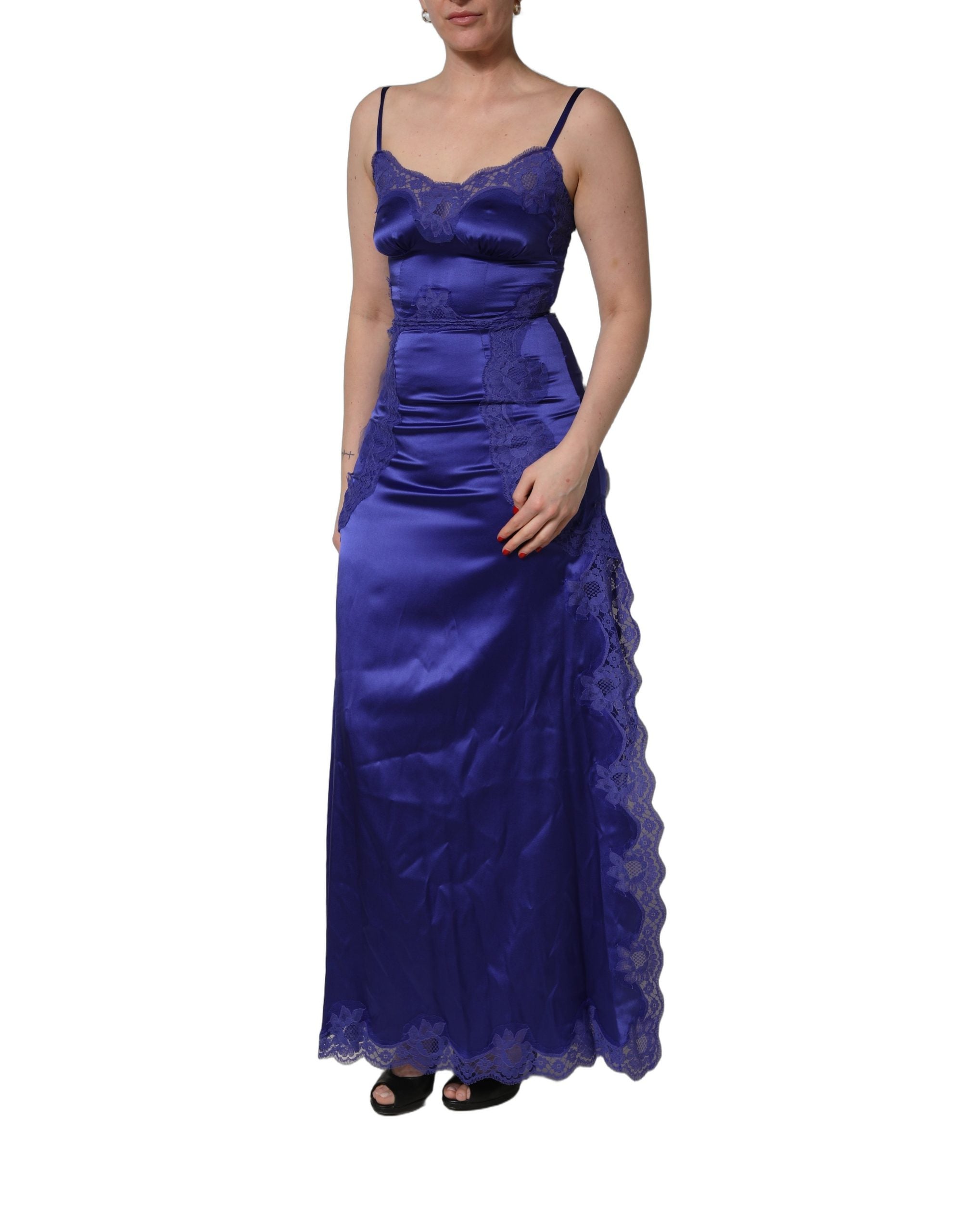 Dolce & Gabbana Blue Sleeveless Lace Trim A-line Gown Women's Dress (Pre-Owned)