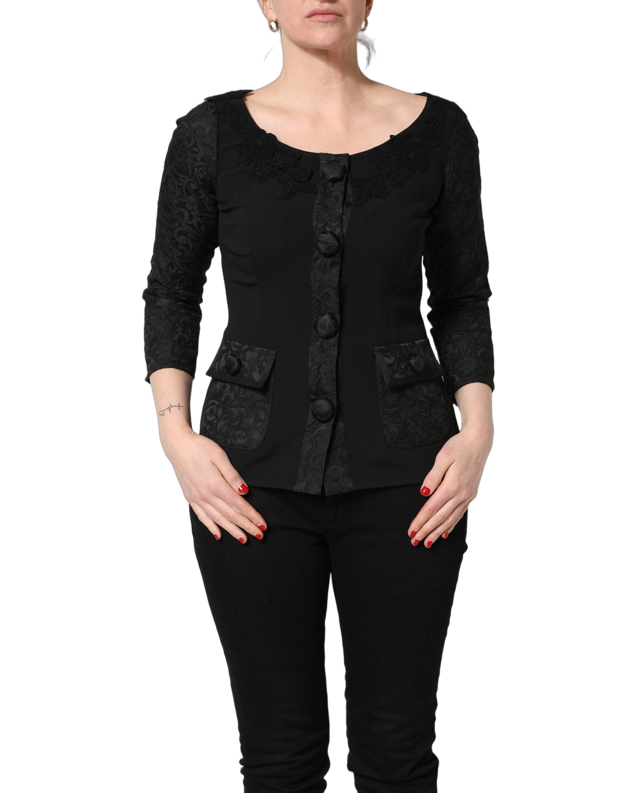 Dolce & Gabbana Dark Gray Button Fastening Lace Trimmed Blazer Women's Jacket