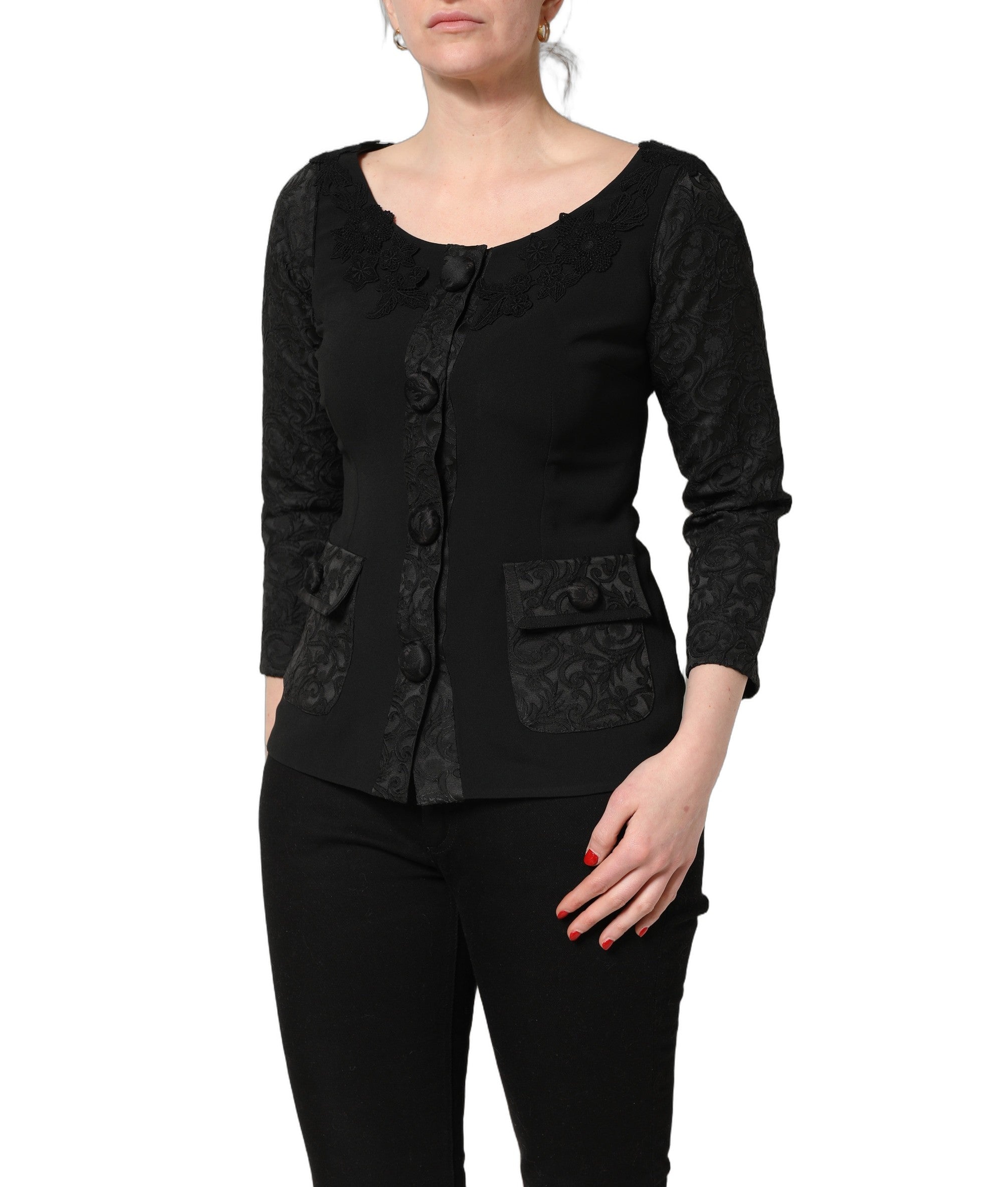Dolce & Gabbana Dark Gray Button Fastening Lace Trimmed Blazer Women's Jacket
