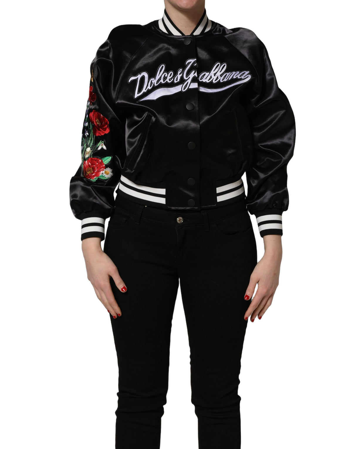 Dolce & Gabbana Black Satin Floral Embroidery Bomber Women's Jacket