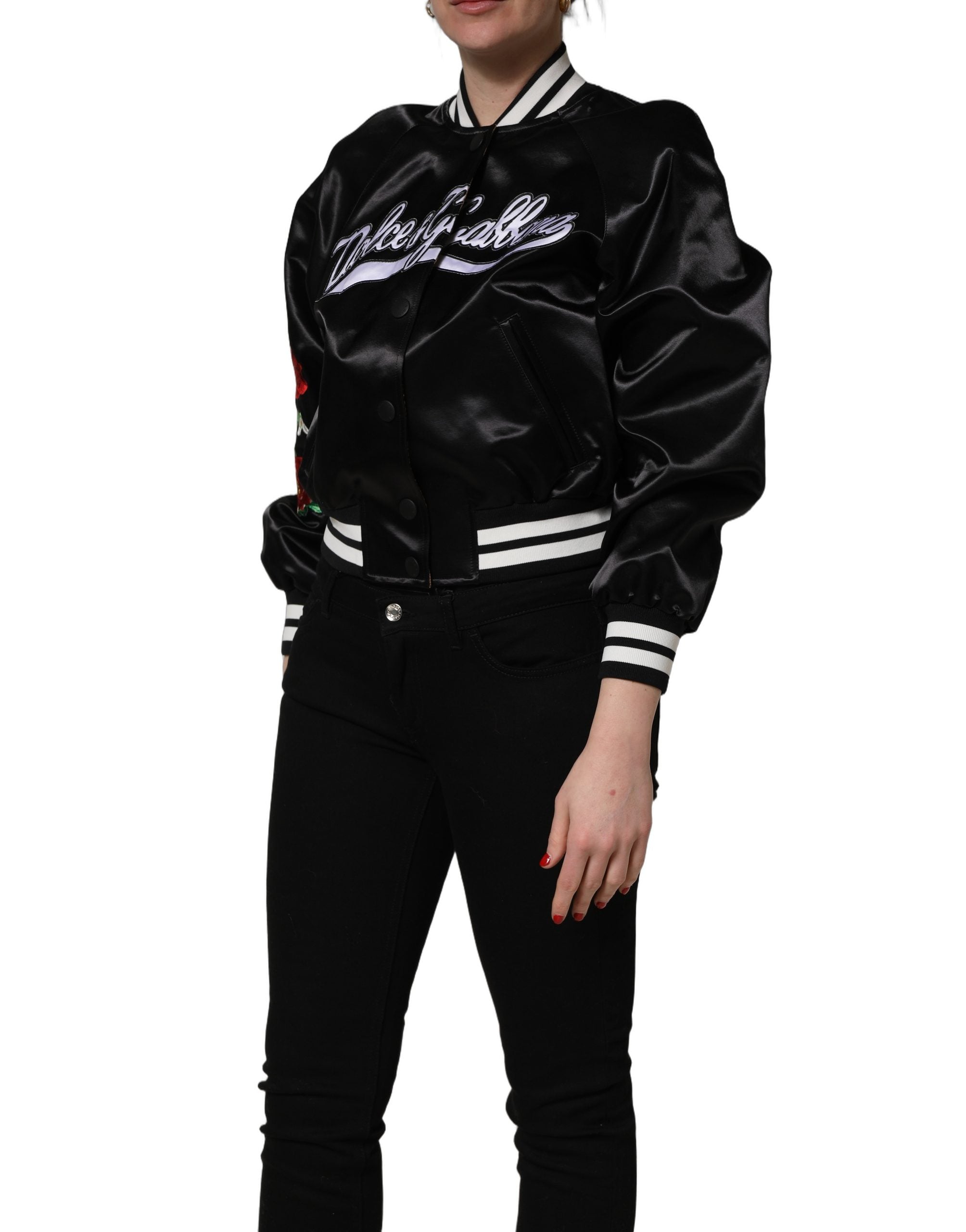 Dolce & Gabbana Black Satin Floral Embroidery Bomber Women's Jacket