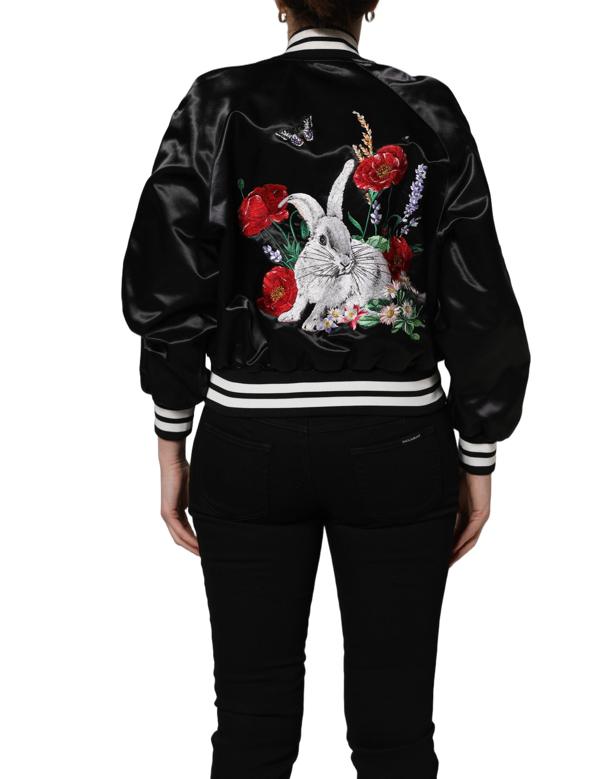 Dolce & Gabbana Black Satin Floral Embroidery Bomber Women's Jacket