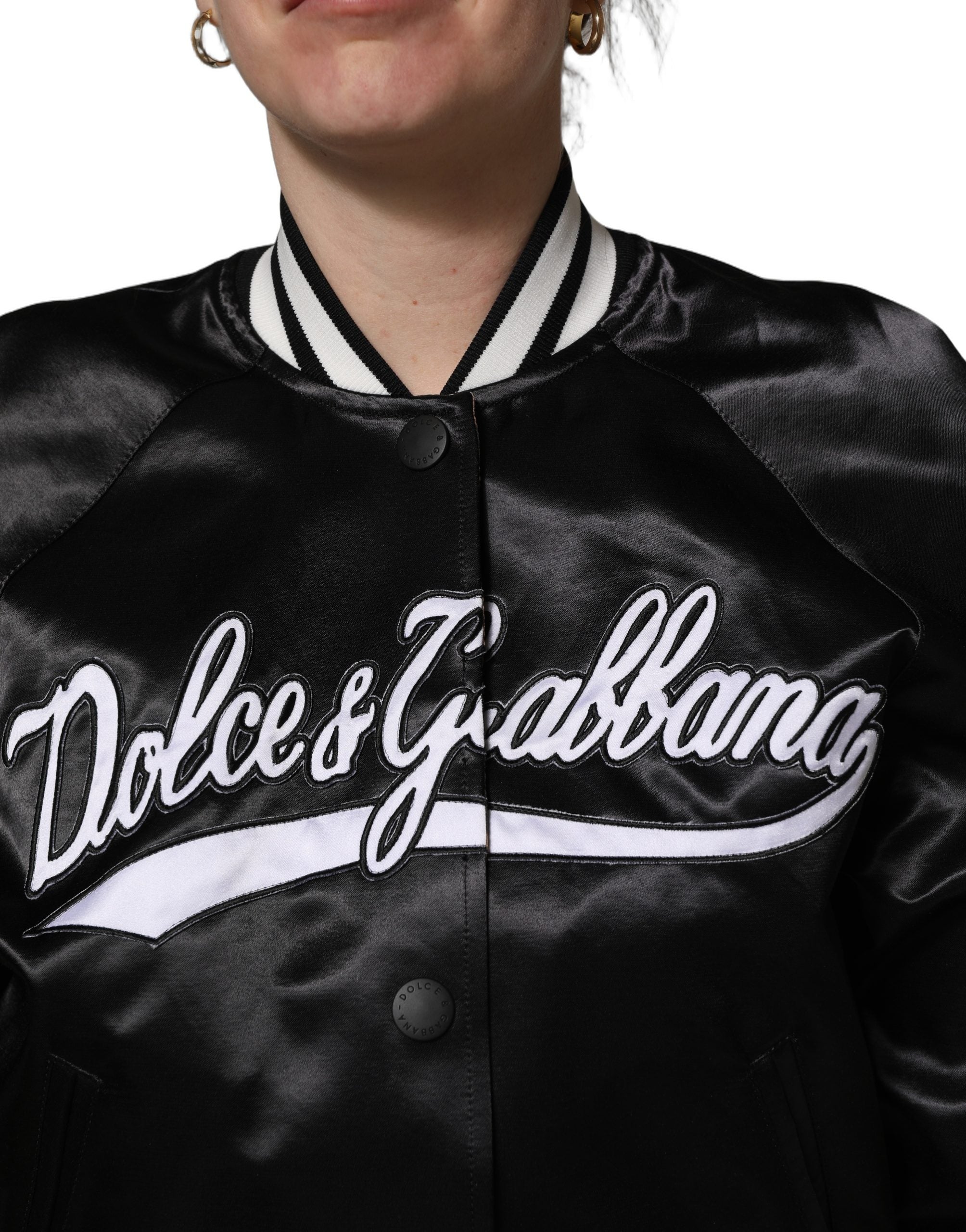 Dolce & Gabbana Black Satin Floral Embroidery Bomber Women's Jacket