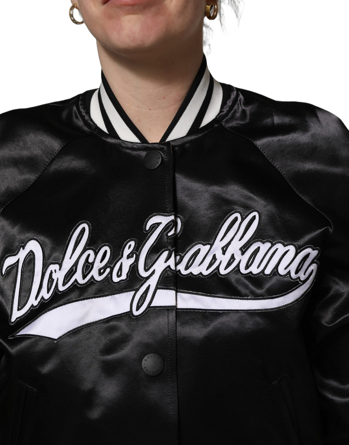 Dolce & Gabbana Black Satin Floral Embroidery Bomber Women's Jacket