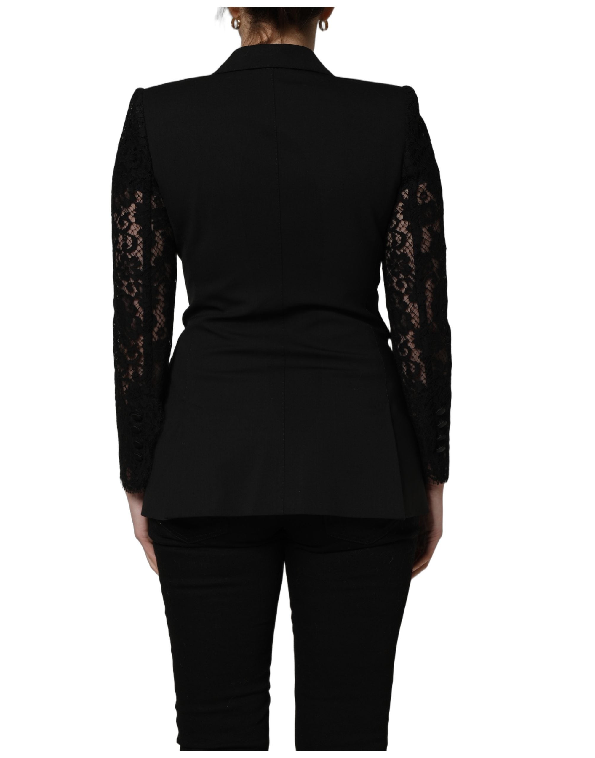 Dolce & Gabbana Black Wool DoubleBreasted Lace Sleeve Women's Jacket