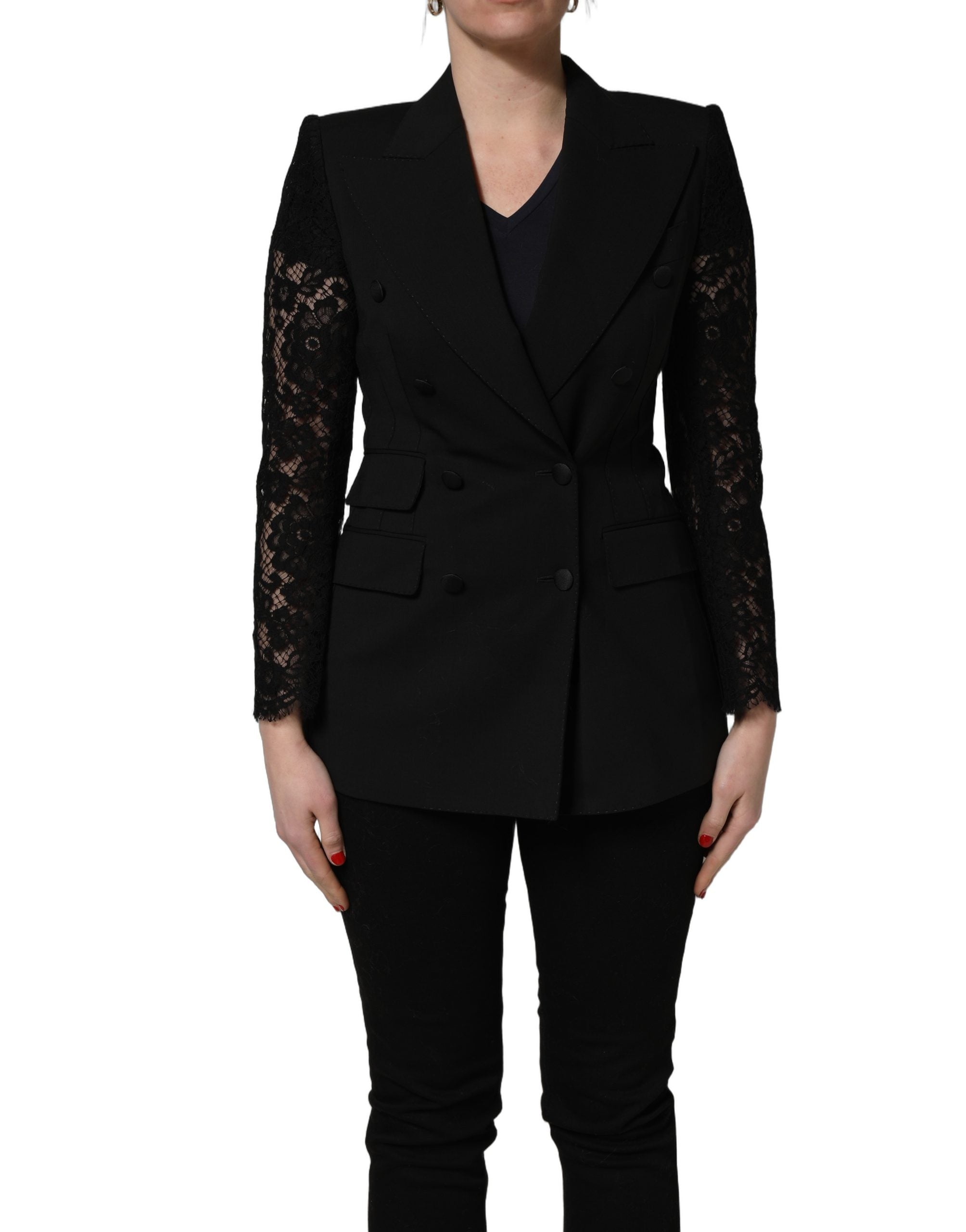 Dolce & Gabbana Black Wool DoubleBreasted Lace Sleeve Women's Jacket
