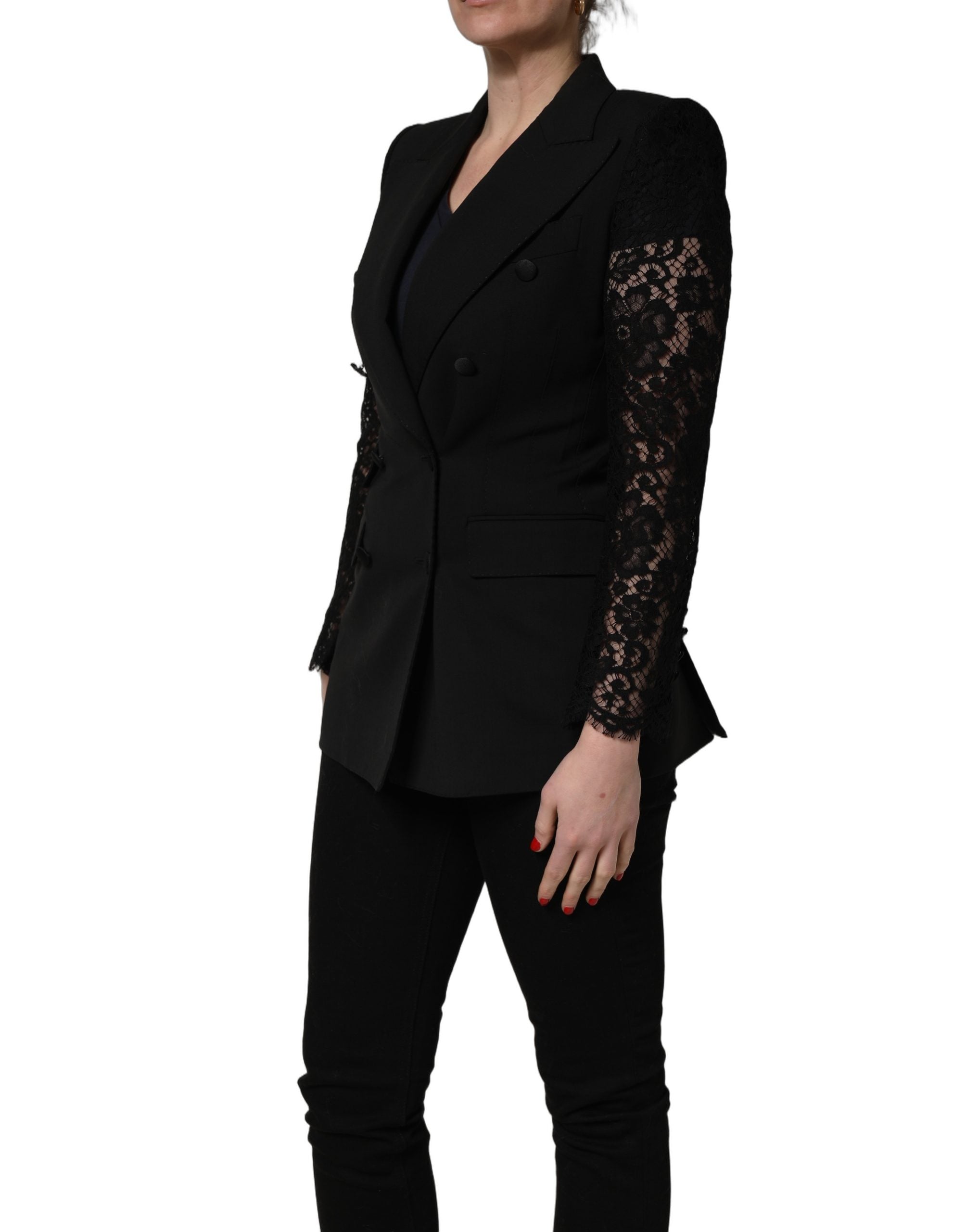 Dolce & Gabbana Black Wool DoubleBreasted Lace Sleeve Women's Jacket