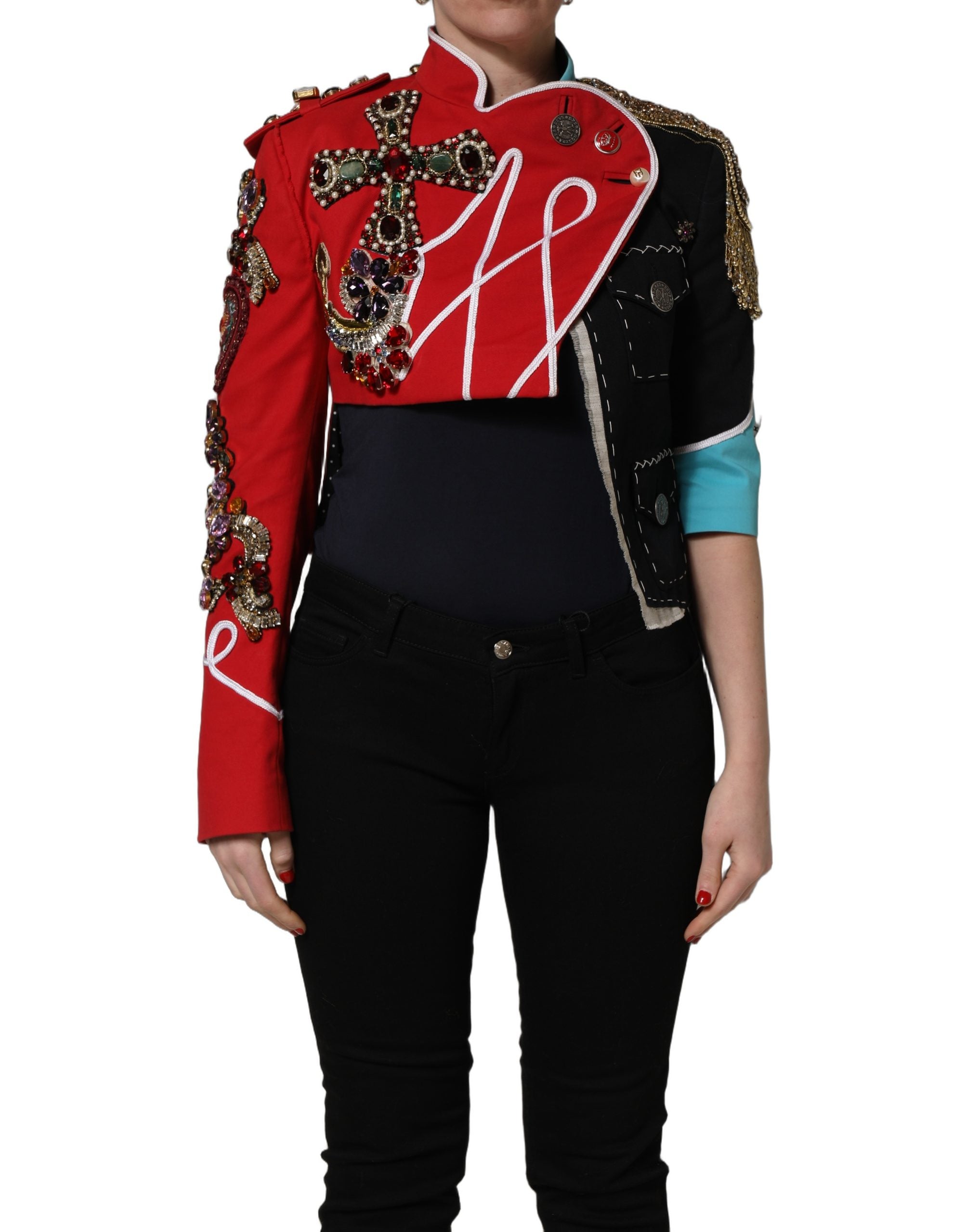 Dolce & Gabbana Multicolor Asymmetrical Ornate Jewel Cropped Women's Jacket