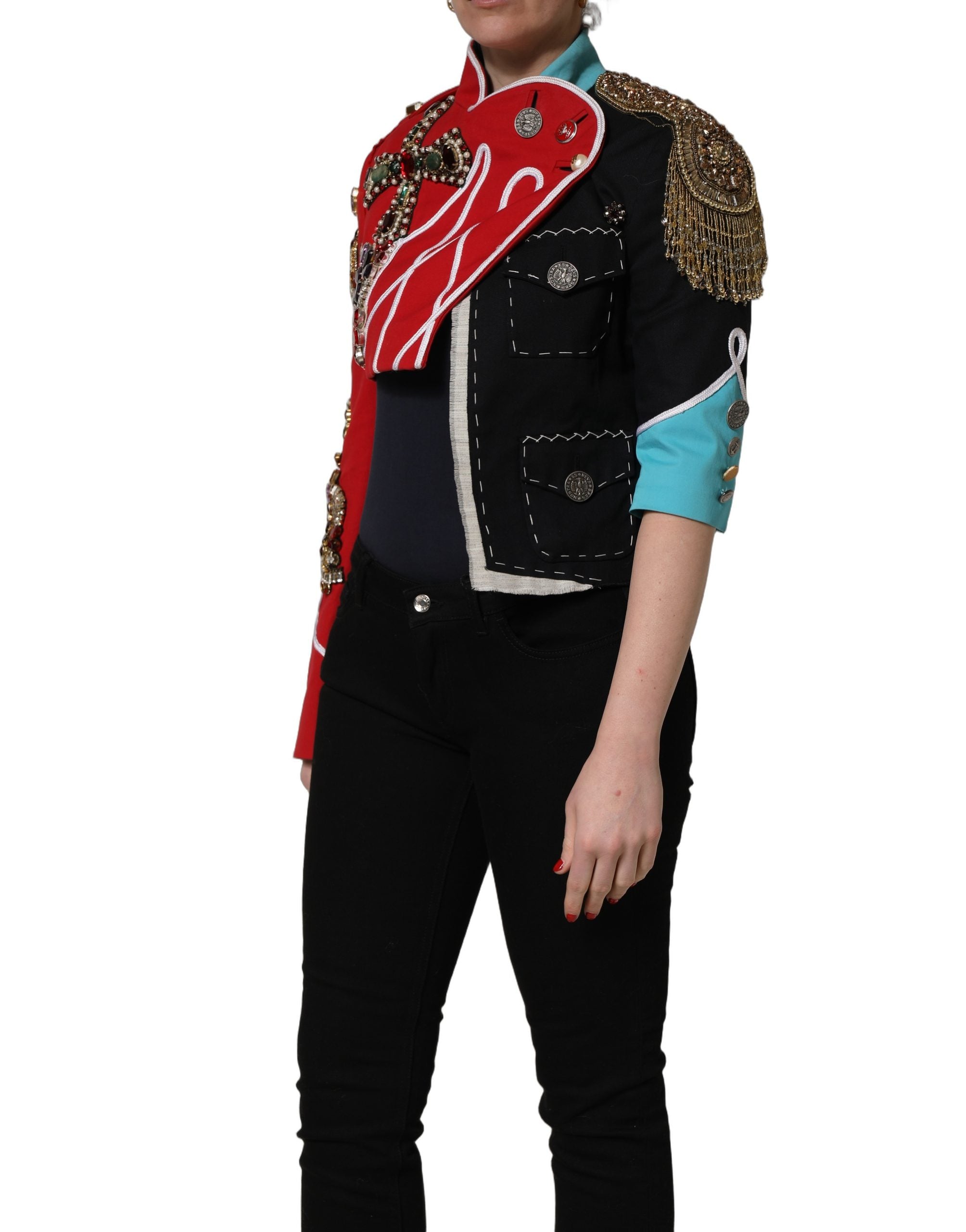 Dolce & Gabbana Multicolor Asymmetrical Ornate Jewel Cropped Women's Jacket