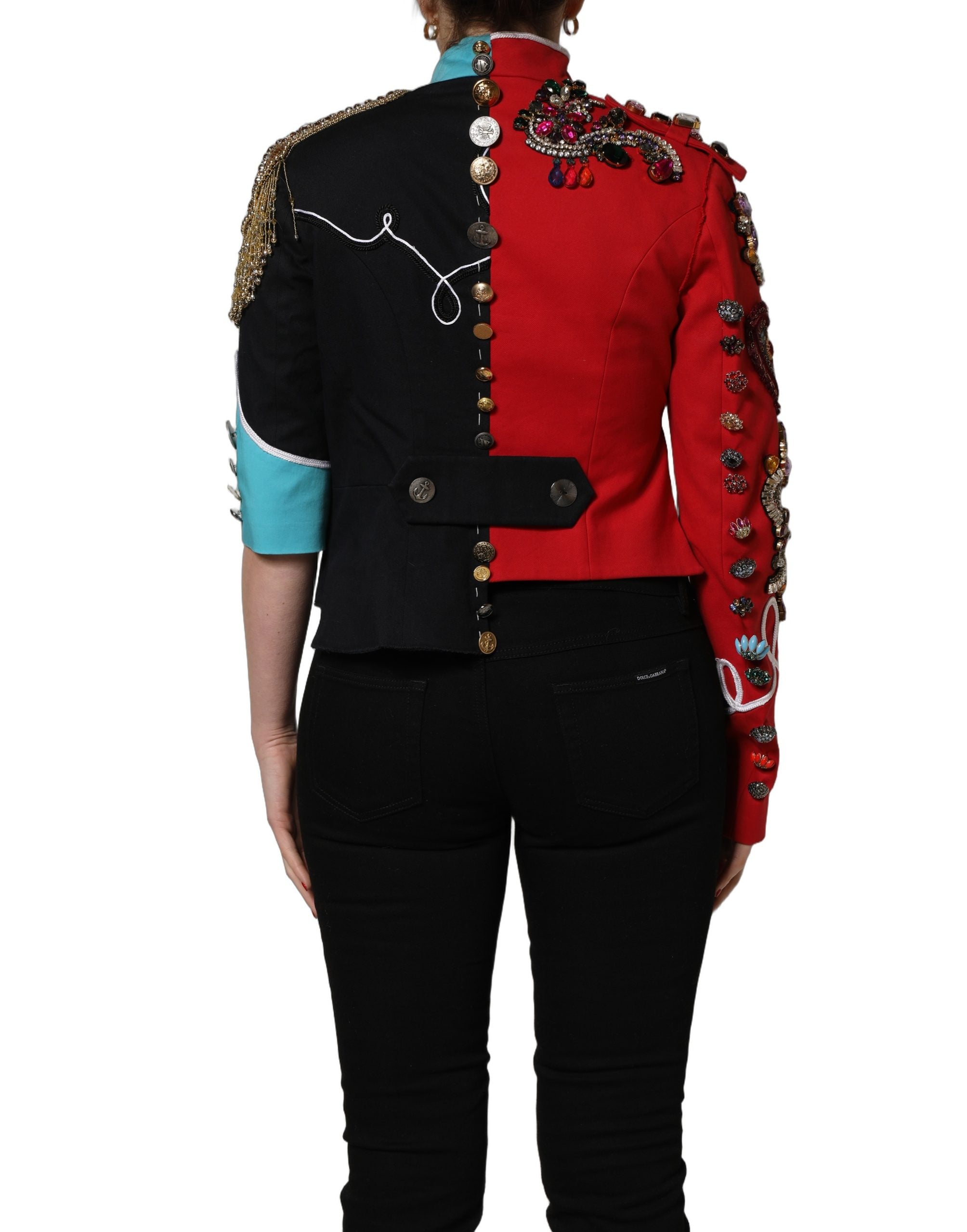 Dolce & Gabbana Multicolor Asymmetrical Ornate Jewel Cropped Women's Jacket