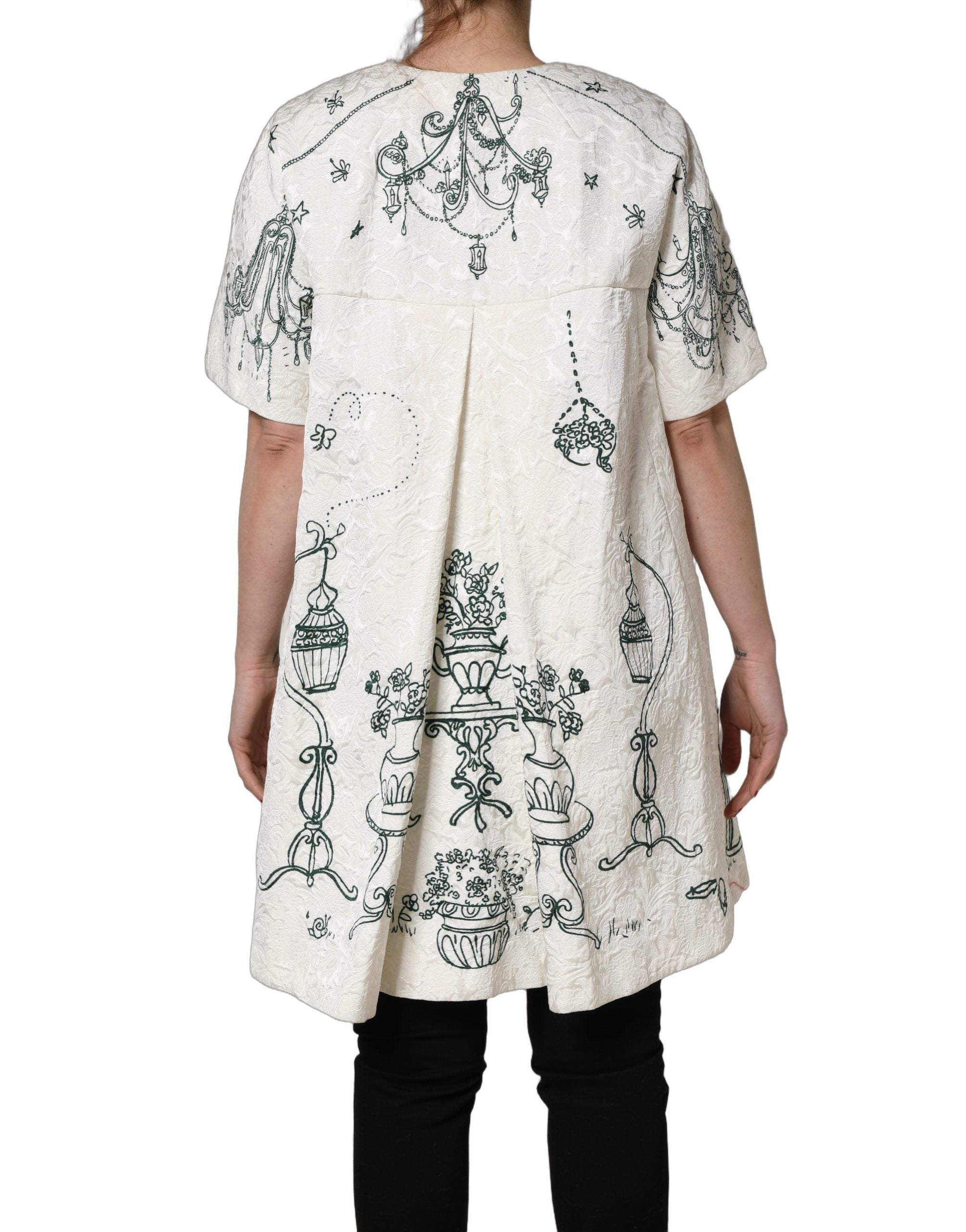 Dolce & Gabbana White Jacquard Garden Print Coat Women's Jacket